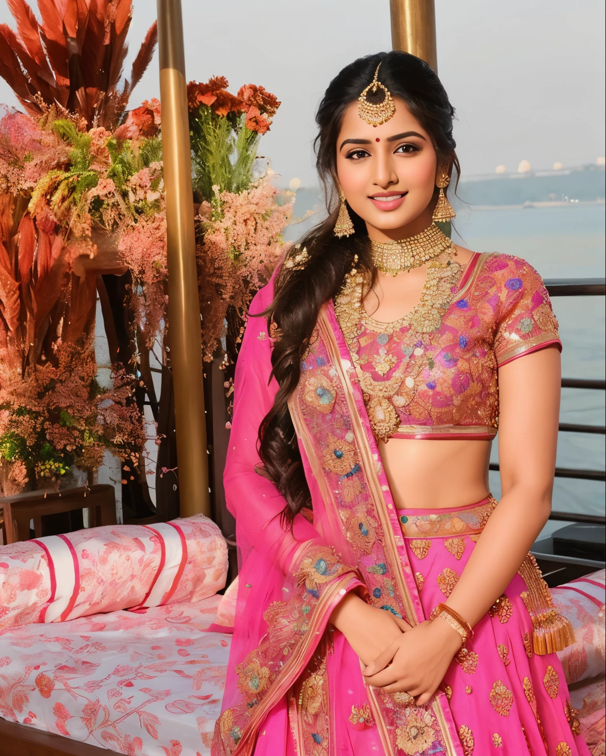 anusha basra in a pink lehenga and gold jewellery, pretty face!!, traditional beauty, indian, candid picture, promo image, an attractive, hot pink and gold color scheme, look at the details, beautiful look, also very detailed, very pretty model, actress, indian super model, details galore, indian style, fanart, edited, highly detailed!