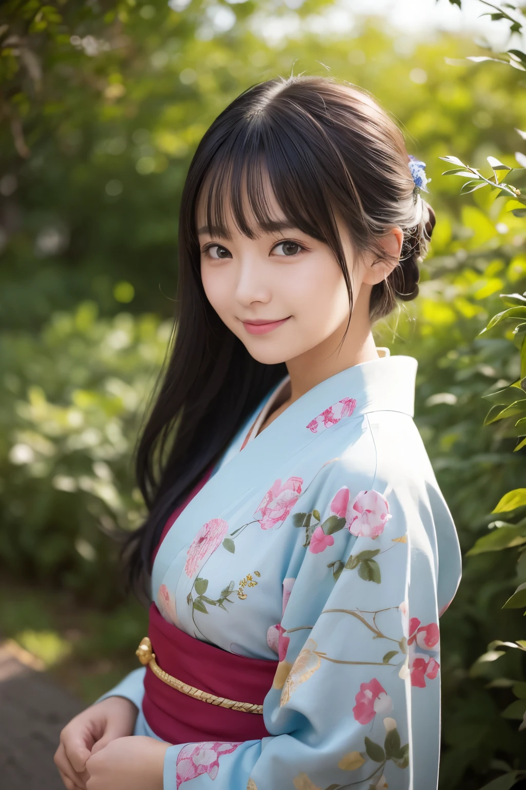（kimono）、Random pose、(top quality,​Masterpiece:1.3,ultra high resolution,),(super detailed,Caustics),(realism:1.4,Original photography,)Ultra-realistic capture,a very detailed,High resolution 16K close-up of human skin、 natural skin texture、、Skin looks healthy and even-toned、 Use natural light and color,1 girl,Japanese,kawaii,A black-haired one,Zhongfa,,Smile,,(depth of field、Color difference、、Wide lighting range、natural shadow、)、