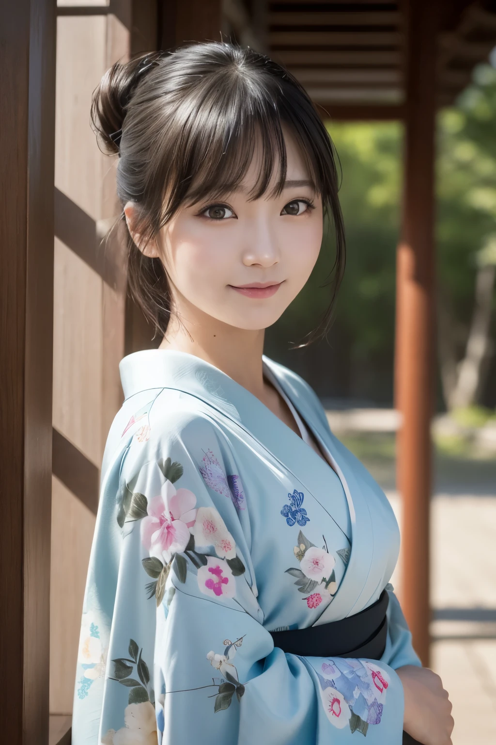 (kimono)、Random pose、(top quality,Masterpiece:1.3,ultra high resolution,),(super detailed,Caustics),(realism:1.4,Original photography,)Ultra-realistic capture,a very detailed,High resolution 16K close-up of human skin、 natural skin texture、、Skin looks healthy and even-toned、 Use natural light and color,1 girl,Japanese,kawaii,A black-haired one,Zhongfa,,Smile,,(depth of field、Color difference、、Wide lighting range、natural shadow、)、