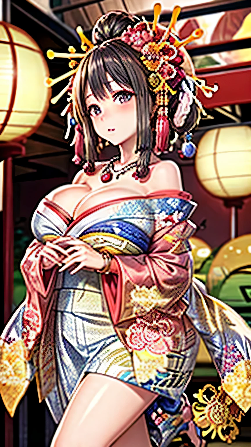 (cinematic light, highest quality, 8k, masterpiece: 1.3), (World Wonderful, japanese goddess, beautiful japanese girl, korean goddess), (whole body), one girl, (necklace, bracelet, anklet, leg ring), (Huge胸, cleavage, exposed chest, Sexy cleavage, highly detailed chest), (Huge), À la Fed Woman in kimono, kimono, Classic kimono, kimono, Japan kimono, 長くて美しい流れるkimono, 複雑な芸者のkimono, 赤または紫の花模様のkimono, Japanese style, kimonoを着ている, Inspired by Kano Hogai,  