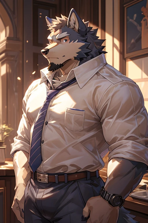 wolf, big muscular, white shirt, 1boy, white shirt, upper body, male focus, collared shirt, pants, look to side, pectoral muscles,  watch, wolf ears, beard, blush cool face, handsome, black high-vis jacket.