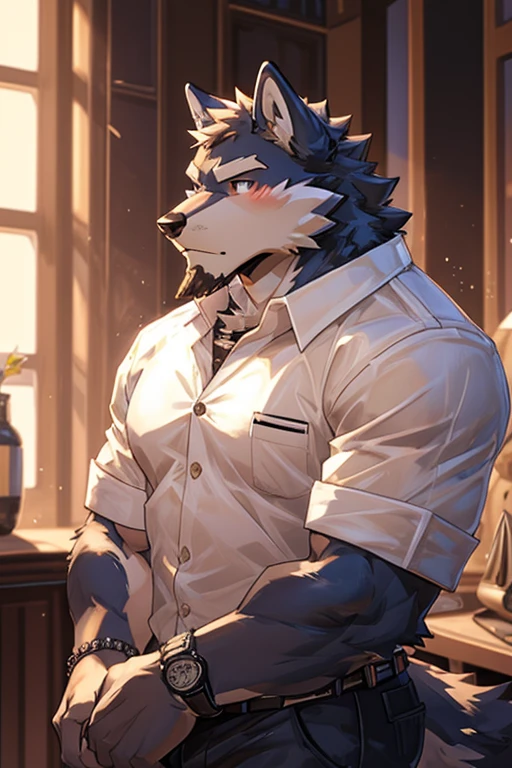 embedding:black wolf, male,purple eyes,Scar on the face, scar on the body,Single person,The fur on the chest and abdomen is white.Inside the apartment,Elder brother.Modern apartment, clean and tidy.casual Shirt,Casual pants,Formal, everyday,A mild expression,Maturity,The highest quality of scene detail,adult,Tall and powerful,muscle,Best quality hands, best quality eye,detailed fur,Delicate eyes.Extreme picture quality,by sollyz,by zixiong,by milkytiger1145