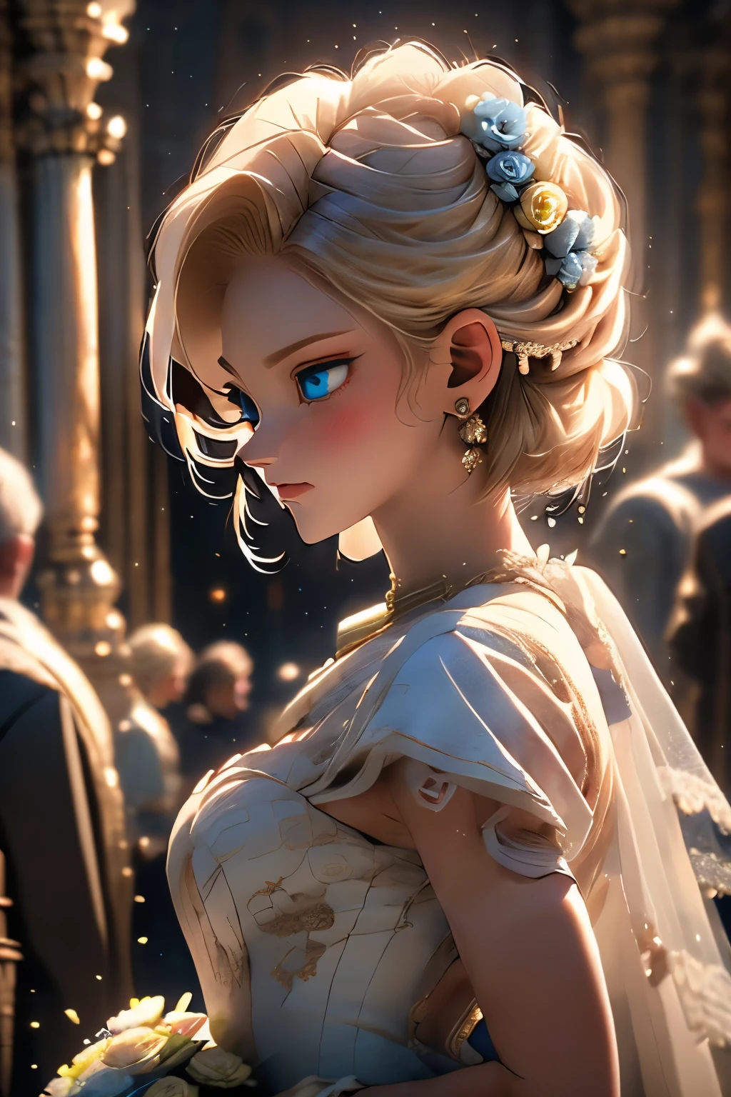(((android18,blue eyes, short hair, blonde hair))), earrings, veil, jewelry, solo, wedding dress, bouquet, dress, bridal veil, flower, elbow gloves, white dress, gloves, breasts, bride, upper body, from side, profile, white gloves, rose, medium breasts, closed mouth, hoop earrings, white flower, holding bouquet