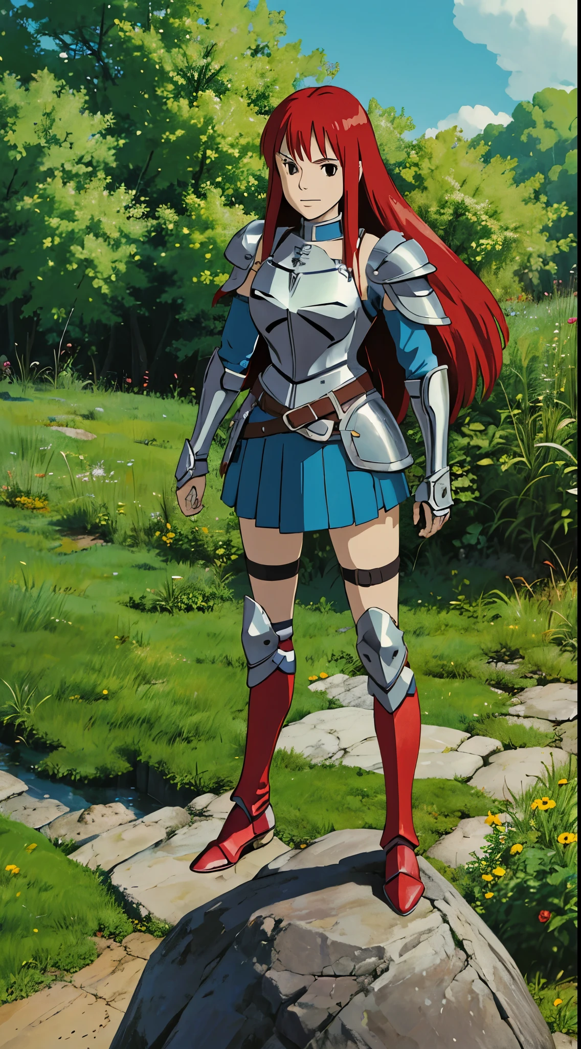 fairy tail, 1girl, long hair, red hair, brown eyes, armor, shoulder armor, gauntlets, breastplate, armored dress, belt, pleated skirt, blue skirt, hair over one eye