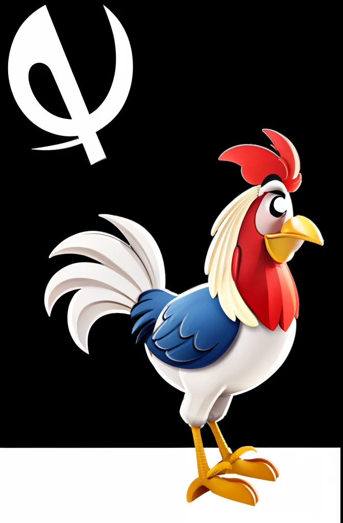 A rooster in overalls，Rooster，Wings，Black and white overalls，Disney Pixar style character, full body, full body, white background,White background， Q version, 2d, cute