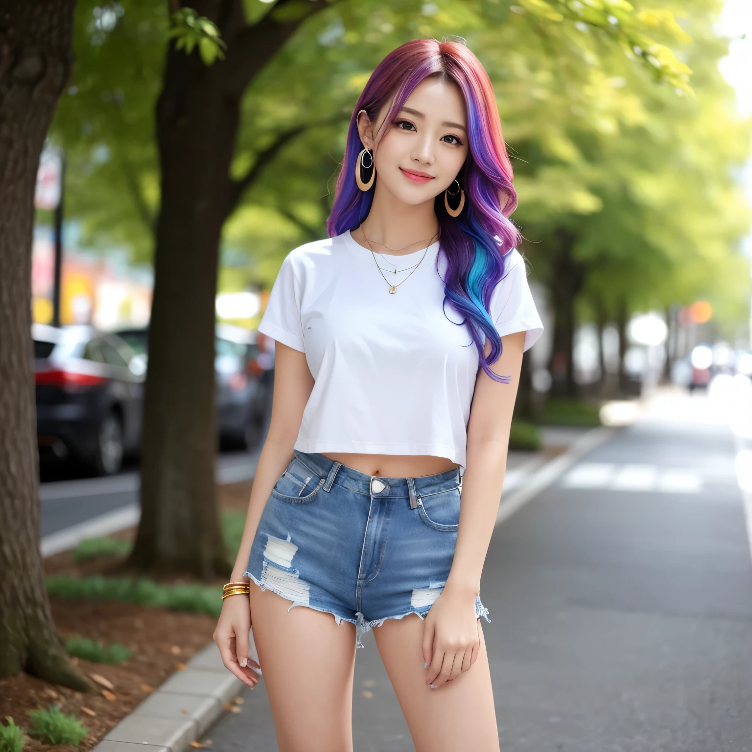 (masterpiece、highest quality、8k、Award-winning work、ultra high resolution)、one beautiful woman、(colorful rainbow hair:1.3)、long wavy hair、(White open chest T-shirt with print:1.1)、(Damaged denim shorts:1.1)、(Wear shorts with the zipper open:1.2)、(solo:1.1)、(Full body photo:1.1)、(standing elegantly:1.2)、causal clothing、(beautiful high heel shoes:1.1)、(long legs:1.1)、(big breasts:1.2)、(emphasize body line:1.1)、perfect necklace、perfect earrings、perfect bracelet、Many ornamentany accessories:1.1)、perfect body line、perfect style、(8 beautiful women:1.1)、、(the biggest smile looking at me:1.1)、(Ultra-high-definition beautiful skin that shines extremely brightly:1.3)、(very bright and vivid:1.2)、Beautiful and perfect street trees lined up regularly、(Strongly blurred natural urban background:1.1)、Beautiful thighs boldly exposed、perfect body line、perfect model style、perfect makeup、accurate anatomy、ultra high definition hair、ultra high resolutionの完璧な美しい歯、Ultra high definition beauty face、ultra high definition hair、Super high-definition sparkling eyes、輝くultra high resolutionの美肌、ultra high resolutionの艶やかな唇、perfect makeup