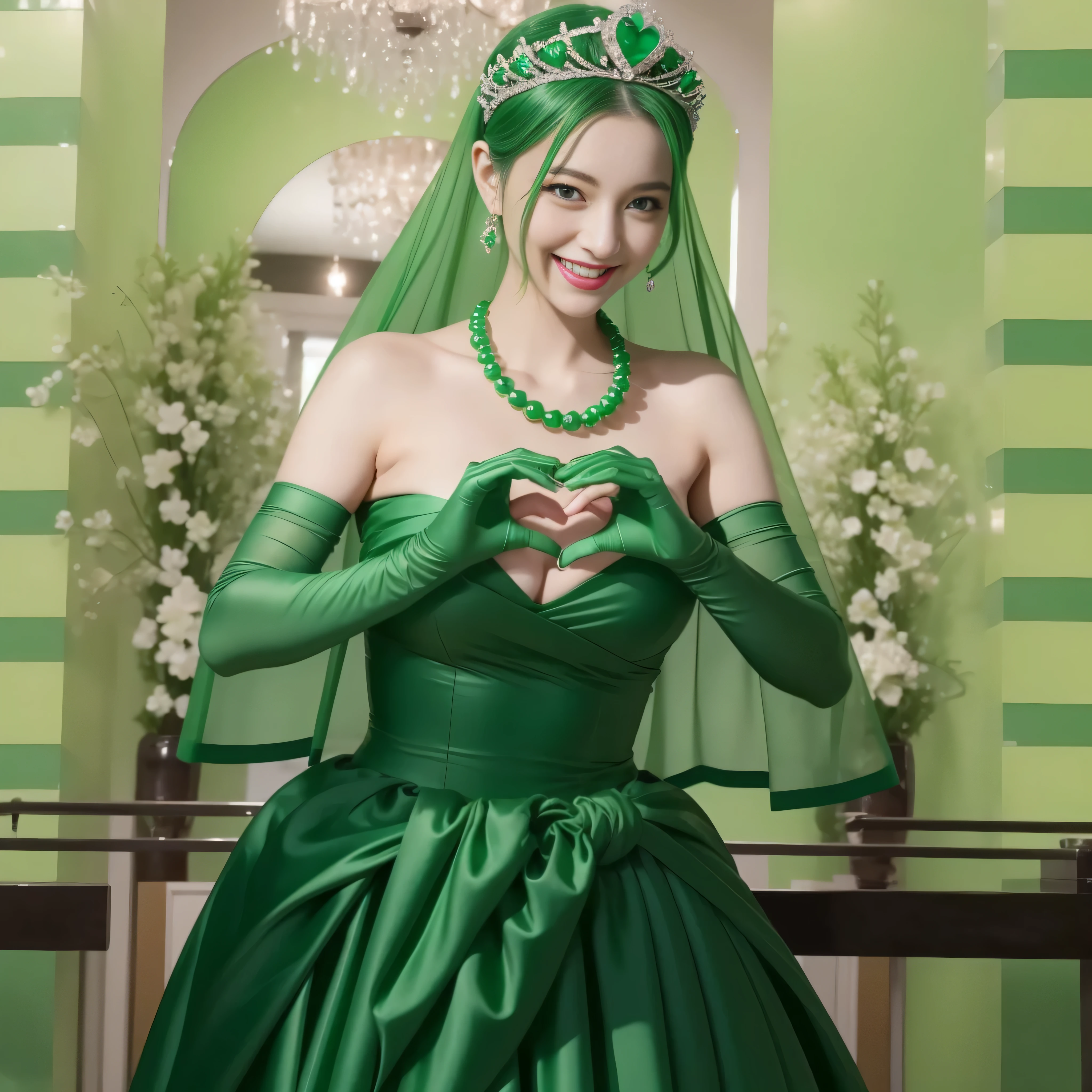 emerald tiara, Green Pearl Necklace, ボーイッシュな非常に短いgreen hair, green lips, Smiling Japan woman in her 30s, very short hair, Beautiful woman with big breasts, green eyes, green satin long gloves, green eyes, emerald earrings, Green veil, Heart with both hands, green hair, beautiful japanese woman, heart shaped hands:1.3, green lip gloss