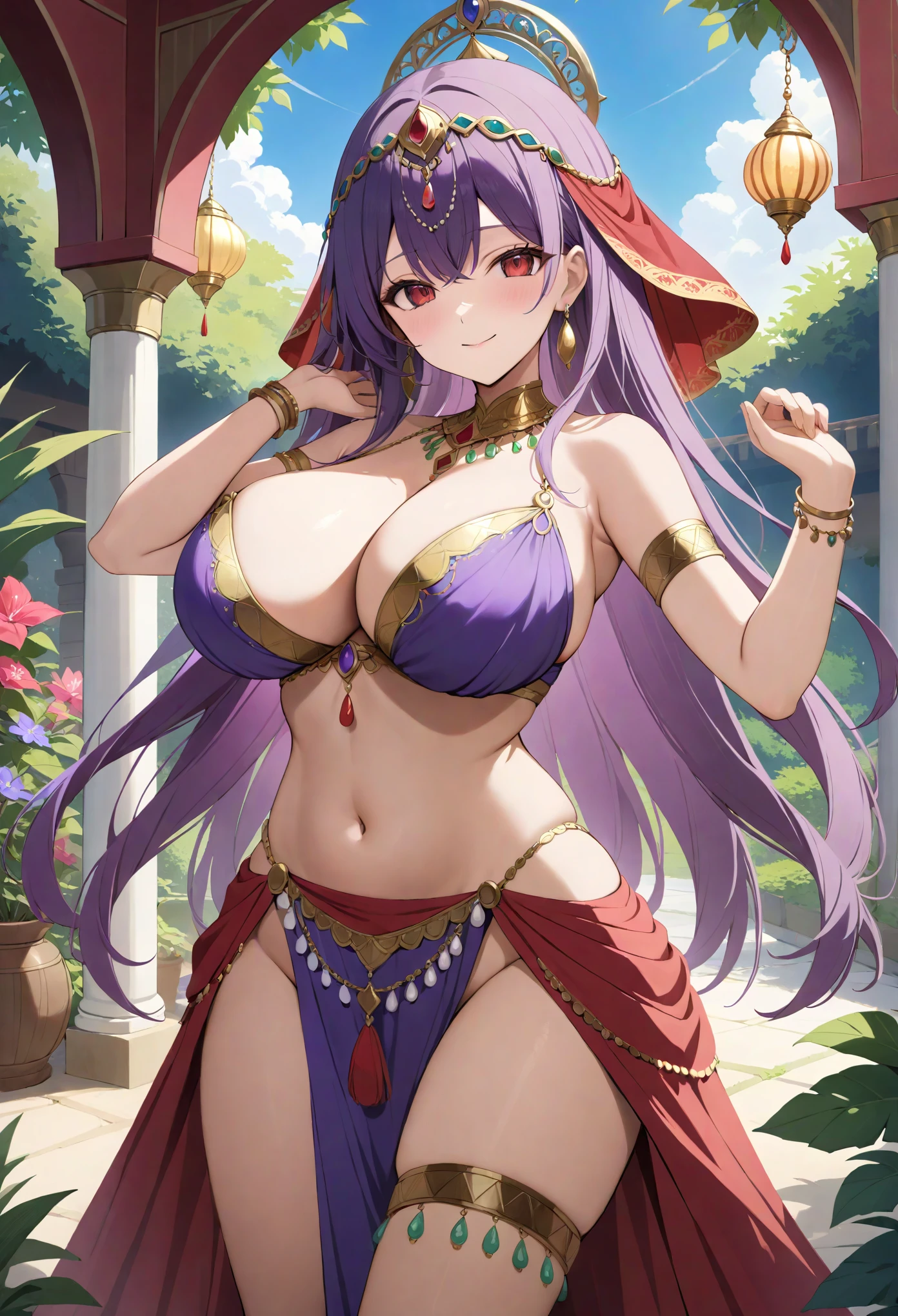 1girl, solo, illustration, garden, cowboy shot, looking at viewer, red eyes, long hair, bangs, purple hair, belly dancer, harem outfit, midriff, pelvic curtain, bare shoulders, armpits, large breasts, busty, full bust, ample bosom, voluptuous, cleavage, soft stomach, navel, thighs, circlet, earrings, amulets, bracelets, closed mouth, smile, blush, newest, masterpiece, best quality