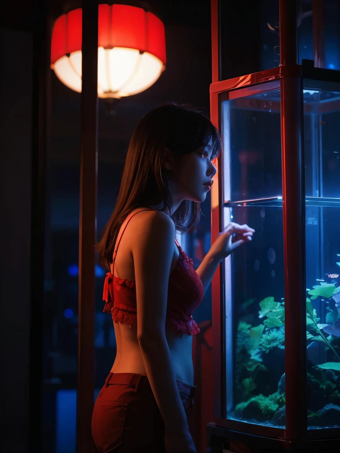 backlight dramatic night photography, night scene, 30 years japanese girl, pale face, very thin body, brown hair, wearing red brassiere & pants, trapped inside red glass aquarium display, red lamp source of light