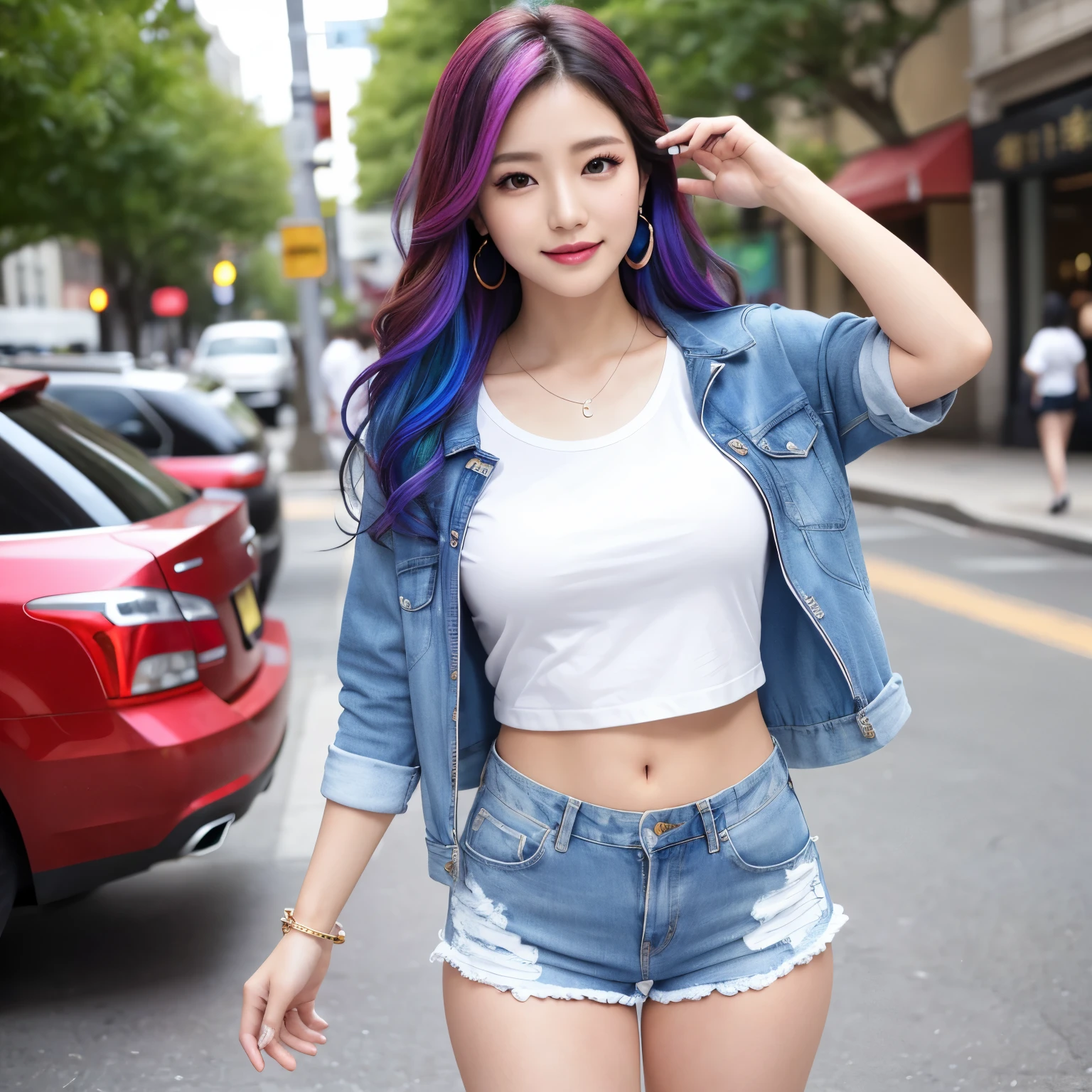 (masterpiece、highest quality、8k、Award-winning work、ultra high resolution)、one beautiful woman、(colorful rainbow hair:1.2)、long wavy hair、(White open chest T-shirt with simple print:1.1)、(Damaged denim shorts:1.1)、(Wear shorts with the zipper open:1.2)、(solo:1.1)、(Full body photo:1.1)、(standing elegantly:1.2)、causal clothing、(beautiful high heel shoes:1.1)、(long legs:1.1)、(big breasts:1.2)、(emphasize body line:1.1)、perfect necklace、perfect earrings、perfect bracelet、Many ornamentany accessories:1.1)、perfect body line、perfect style、(8 beautiful women:1.1)、、(the biggest smile looking at me:1.1)、(Ultra-high-definition beautiful skin that shines extremely brightly:1.3)、(very bright and vivid:1.2)、Beautiful and perfect street trees lined up regularly、(Strongly blurred natural urban background:1.1)、Beautiful thighs boldly exposed、perfect body line、perfect model style、perfect makeup、accurate anatomy、ultra high definition hair、ultra high resolutionの完璧な美しい歯、Ultra high definition beauty face、ultra high definition hair、Super high-definition sparkling eyes、輝くultra high resolutionの美肌、ultra high resolutionの艶やかな唇、perfect makeup