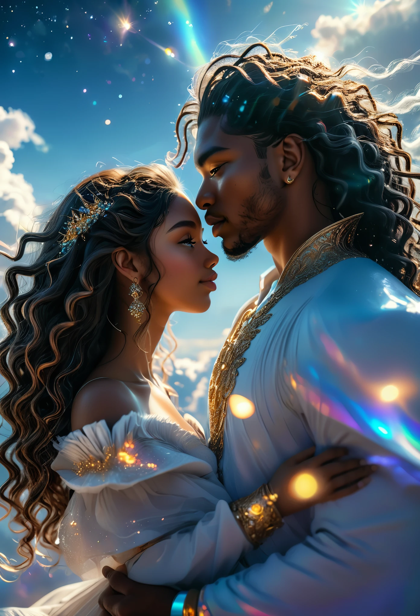 Loving couple in a celestial landscape, young dark-skinned couple in their 20s, on a cloud, a man and a woman, he is a divine prince with long curly brown hair, she is a mixed-race blonde with grey eyes, Full body, 8K, extremely detailed, high quality, (photorealistic:1.37), Full body, ideal proportions and defined complexion, meticulously crafted features, unreachable beauty, perfection, breathtaking elegance, g curves, goddess-like figures, divine symmetry, artistic masterpieces, vivid realism, hyper-detailed sculptures, life-like forms, truly awe-inspiring, impeccable craftsmanship, pure radiance, ethereal beauty, delicate contours, striking poses, sublime beauty, subtle nuances, dynamic compositions, vibrant colors, perfect lighting, soulful expressions, celestial aura, majestic presence, dreamlike atmosphere, unmatched gdetailed octane render trending on artstation, 8 k artistic photography, photorealistic concept art, soft natural volumetric cinematic perfect light, chiaroscuro, award - winning photograph, masterpiece, perfect composition, beautiful detailed intricate insanely