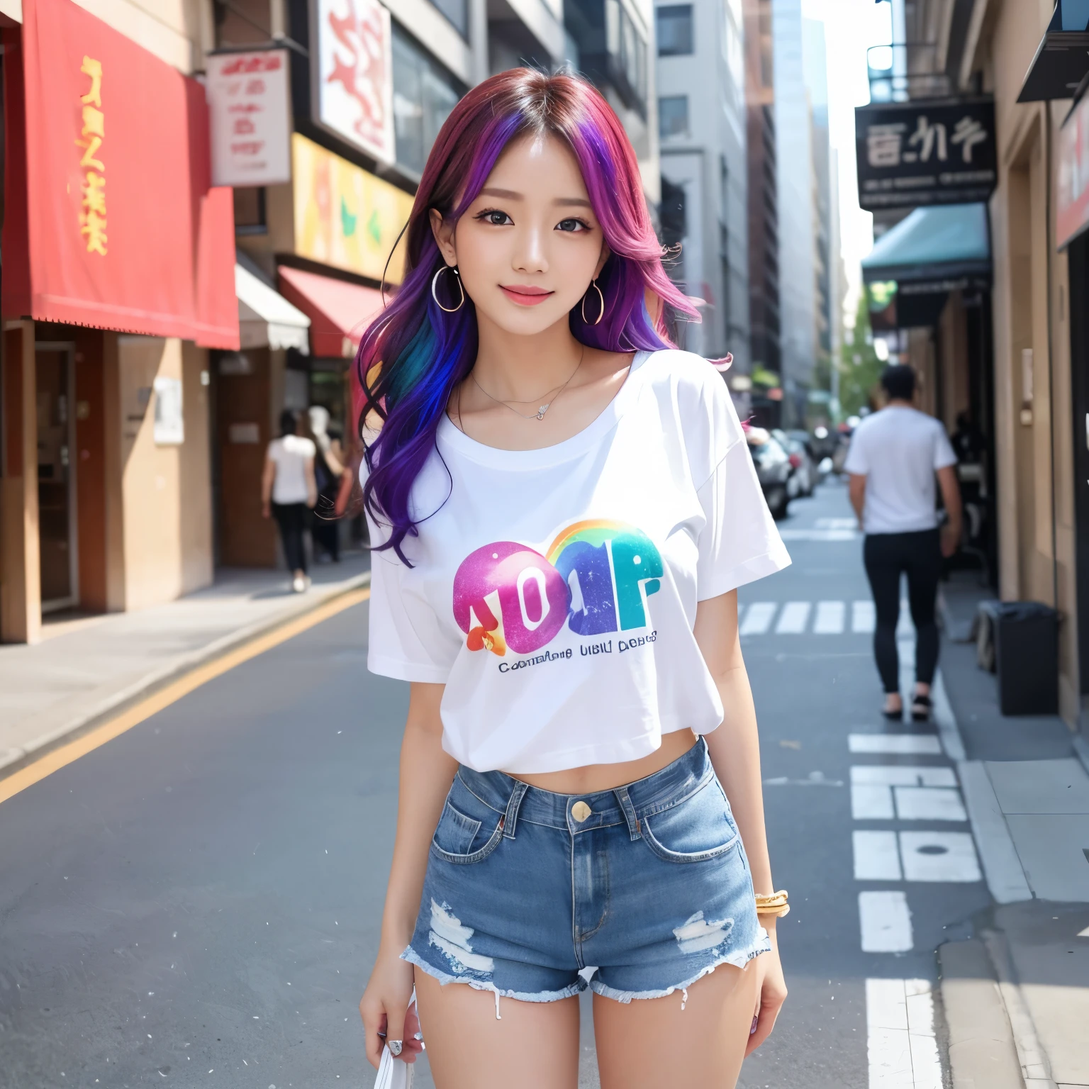 (masterpiece、highest quality、8k、Award-winning work、ultra high resolution)、one beautiful woman、(colorful rainbow hair:1.2)、long wavy hair、(White open chest T-shirt with simple print:1.1)、(Damaged denim shorts:1.1)、(Wear shorts with the zipper open:1.2)、(solo:1.1)、(Full body photo:1.1)、(standing elegantly:1.2)、causal clothing、(beautiful high heel shoes:1.1)、(long legs:1.1)、(big breasts:1.2)、(emphasize body line:1.1)、perfect necklace、perfect earrings、perfect bracelet、Many ornamentany accessories:1.1)、perfect body line、perfect style、(8 beautiful women:1.1)、、(the biggest smile looking at me:1.1)、(Ultra-high-definition beautiful skin that shines extremely brightly:1.3)、(very bright and vivid:1.2)、Beautiful and perfect street trees lined up regularly、(Strongly blurred natural urban background:1.1)、Beautiful thighs boldly exposed、perfect body line、perfect model style、perfect makeup、accurate anatomy、ultra high definition hair、ultra high resolutionの完璧な美しい歯、Ultra high definition beauty face、ultra high definition hair、Super high-definition sparkling eyes、輝くultra high resolutionの美肌、ultra high resolutionの艶やかな唇、perfect makeup