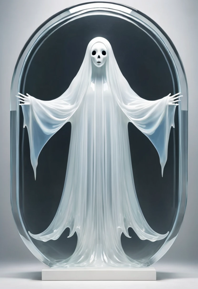 symmetrical creepy ghost , made of glass, in complex background, art exe, high saturation, ray tracing, (symmetry art), white background, studio lighting