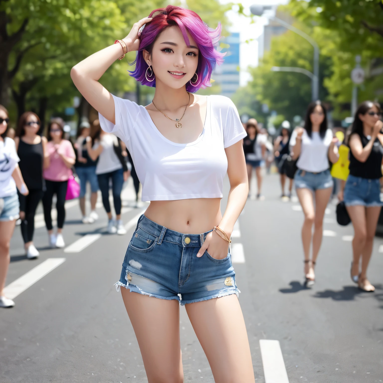 (masterpiece、highest quality、8k、Award-winning work、ultra high resolution)、one beautiful woman、(colorful rainbow hair:1.1)、(Stylish open chest T-shirt:1.1)、(denim shorts:1.1)、(solo:1.1)、(Full body photo:1.1)、(standing elegantly:1.1)、(beautiful high heel shoes:1.1)、(long legs:1.1)、(big breasts:1.2)、(emphasize body line:1.1)、perfect necklace、perfect earrings、perfect bracelet、Many ornamentany accessories、perfect body line、perfect style、(8 beautiful women:1.1)、、(the biggest smile looking at me:1.1)、(Ultra-high-definition beautiful skin that shines extremely brightly:1.3)、(very bright and vivid:1.2)、Beautiful and perfect street trees lined up regularly、(Strongly blurred natural urban background:1.1)、Beautiful thighs boldly exposed、perfect body line、perfect model style、perfect makeup、accurate anatomy、ultra high definition hair、ultra high resolutionの完璧な美しい歯、Ultra high definition beauty face、ultra high definition hair、Super high-definition sparkling eyes、輝くultra high resolutionの美肌、ultra high resolutionの艶やかな唇、perfect makeup