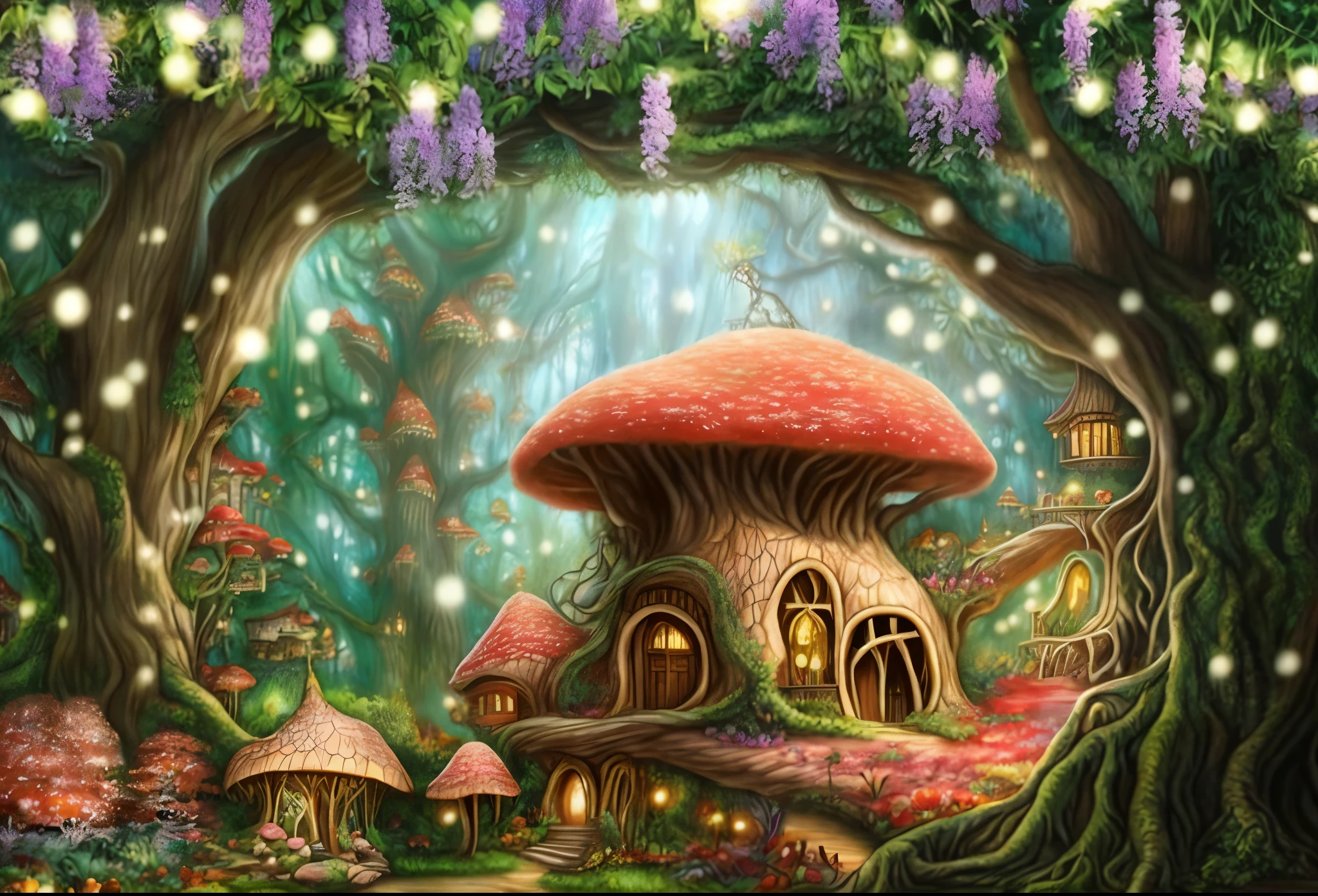 There is a small house in the middle of the forest, enchanted Enchanted Jungle, Magical fairy tale background, magic fairy forest, fairy tale kingdom forest, enchanted forest背景, mushroom house, magic wonderland, mushroom houses, Warm and charming scene, fairy forest, Enchanted Jungle, Immortal Palace, enchanted forest背景, enchanted forest, Immortal Palace, fairy forest