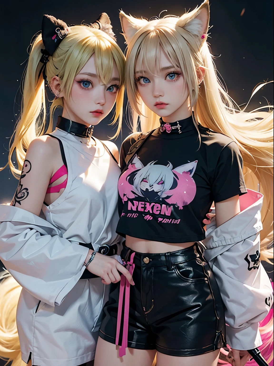 2 girls, neon blonde hair, moonlight eyes, fox ear, tattoo sleeves and piercings ((Anime style)), Harajuku-inspired hip-hop clothing, soft colors, neon paint splattered background, Soft stroke