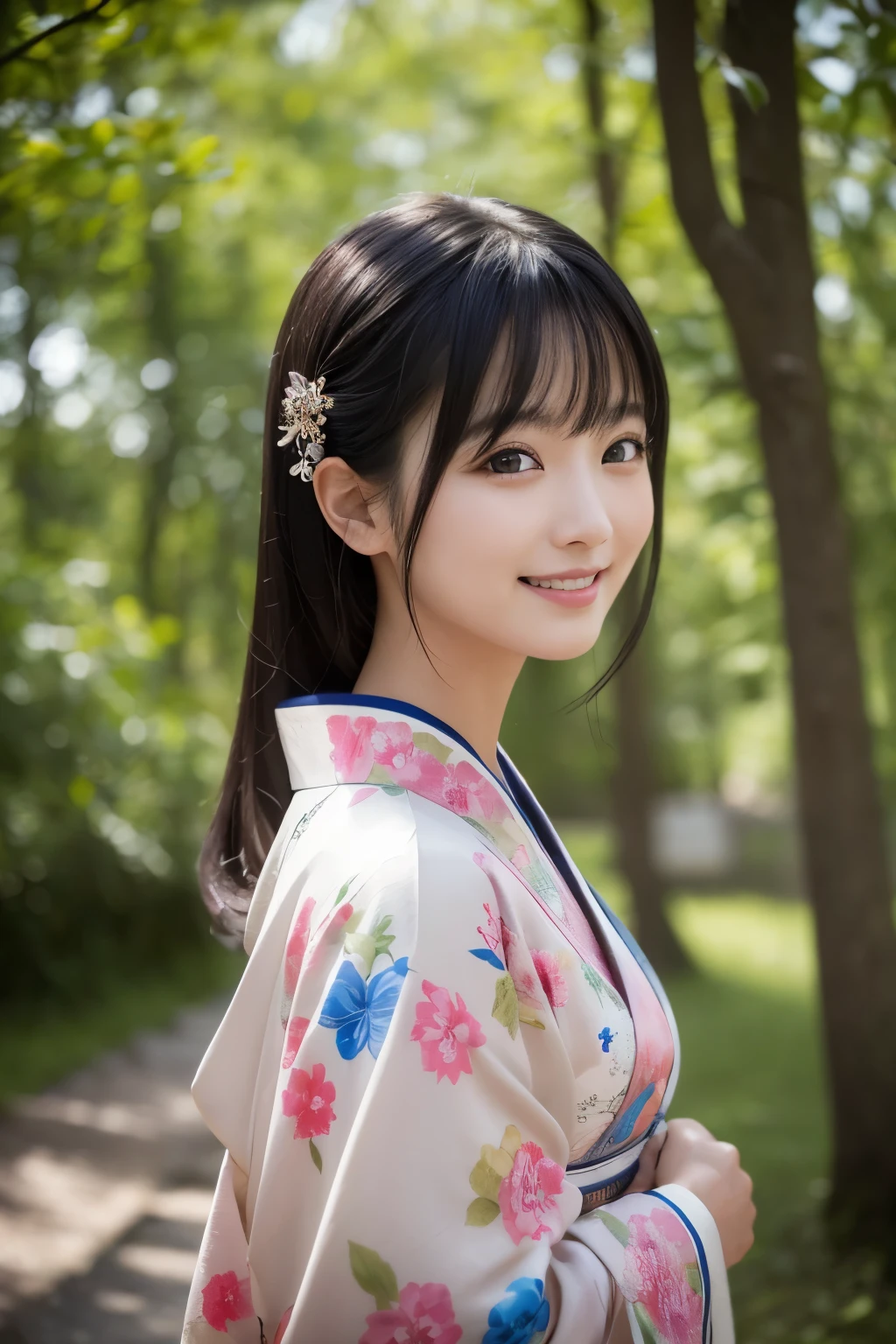 (kimono)、Random pose、(top quality,Masterpiece:1.3,ultra high resolution,),(super detailed,Caustics),(realism:1.4,Original photography,)Ultra-realistic capture,a very detailed,High resolution 16K close-up of human skin、 natural skin texture、、Skin looks healthy and even-toned、 Use natural light and color,1 girl,Japanese,kawaii,A black-haired one,Zhongfa,,Smile,,(depth of field、Color difference、、Wide lighting range、natural shadow、)、