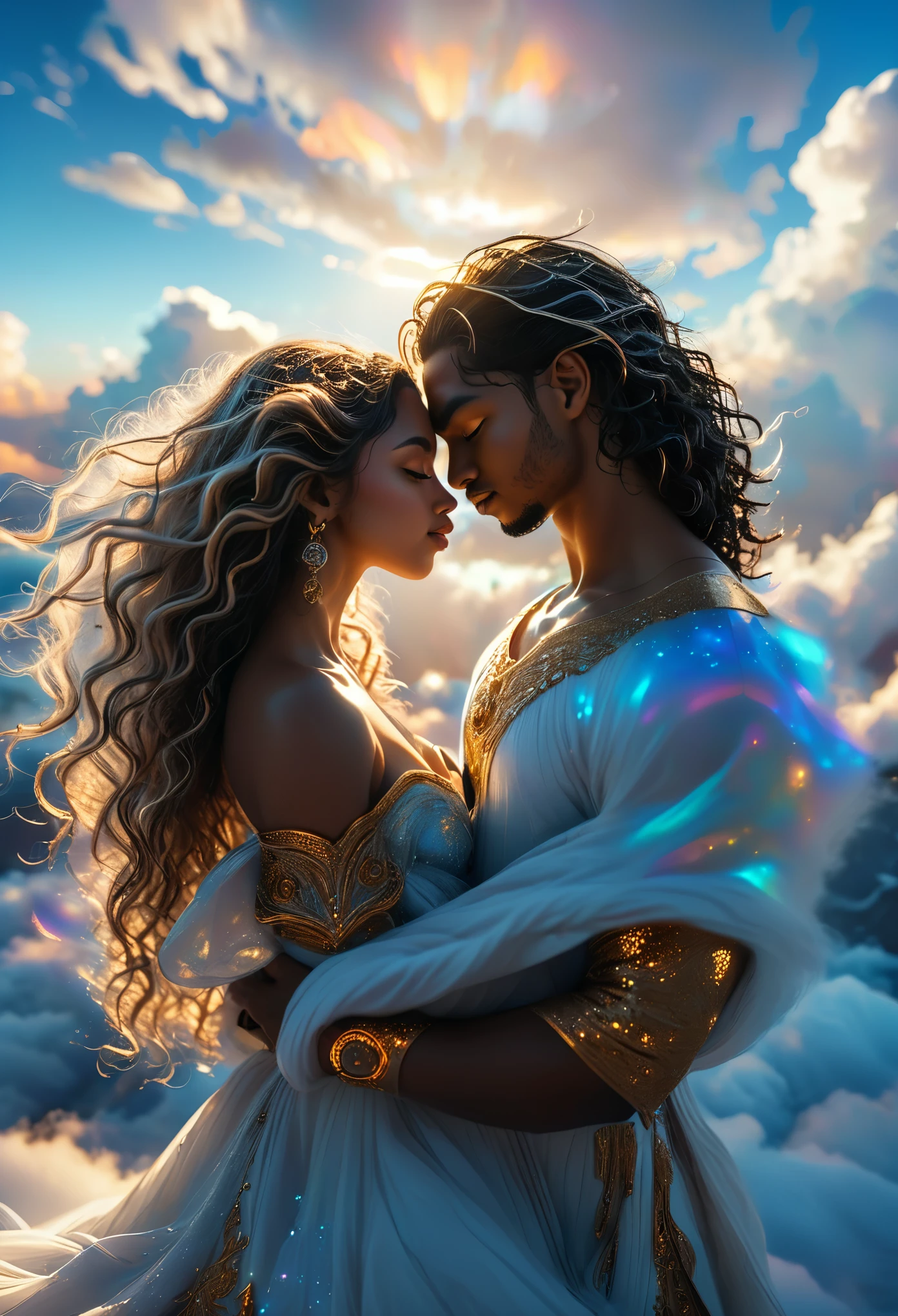 Passionate couple in a celestial landscape, young dark-skinned couple in their 20s, on a cloud, a man and a woman, he is a divine prince with long curly brown hair, she is a mixed-race blonde with grey eyes, Full body, 8K, extremely detailed, high quality, (photorealistic:1.37), Full body, ideal proportions and defined complexion, meticulously crafted features, unreachable beauty, perfection, breathtaking elegance, g curves, goddess-like figures, divine symmetry, artistic masterpieces, vivid realism, hyper-detailed sculptures, life-like forms, truly awe-inspiring, impeccable craftsmanship, pure radiance, ethereal beauty, delicate contours, striking poses, sublime beauty, subtle nuances, dynamic compositions, vibrant colors, perfect lighting, soulful expressions, celestial aura, majestic presence, dreamlike atmosphere, unmatched gdetailed octane render trending on artstation, 8 k artistic photography, photorealistic concept art, soft natural volumetric cinematic perfect light, chiaroscuro, award - winning photograph, masterpiece, perfect composition, beautiful detailed intricate insanely