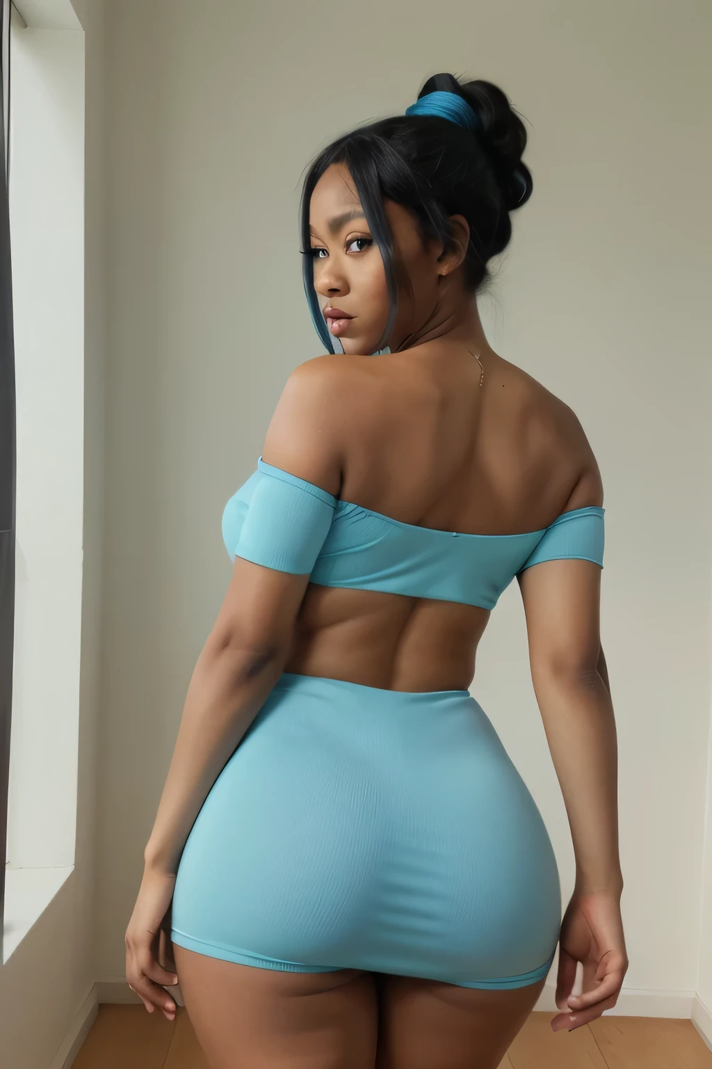 Beautiful african girl. Asian eyes. Aqua blue eyes. Aqua blue hair. Square jawline. Nubian nose. Asian eyes. Heart shaped lips. Matching eyes. Dark skin. Perfect face. Highly detailed face. Picture taken from a distance. Face the camera. Picture taken from a distance. Athletic waist. Small breasts. Slim shoulders. Big curvey hips. Big bubble butt. Lift butt. Thick thighs. Straight legs. Wide thigh gap. Blue hair. Blue eyes.Big curvey wide hips. Wearing a pencil dress. Wearing a crop top. Long afro blue hair. Ponytail hairstyle. Chubby thick body.