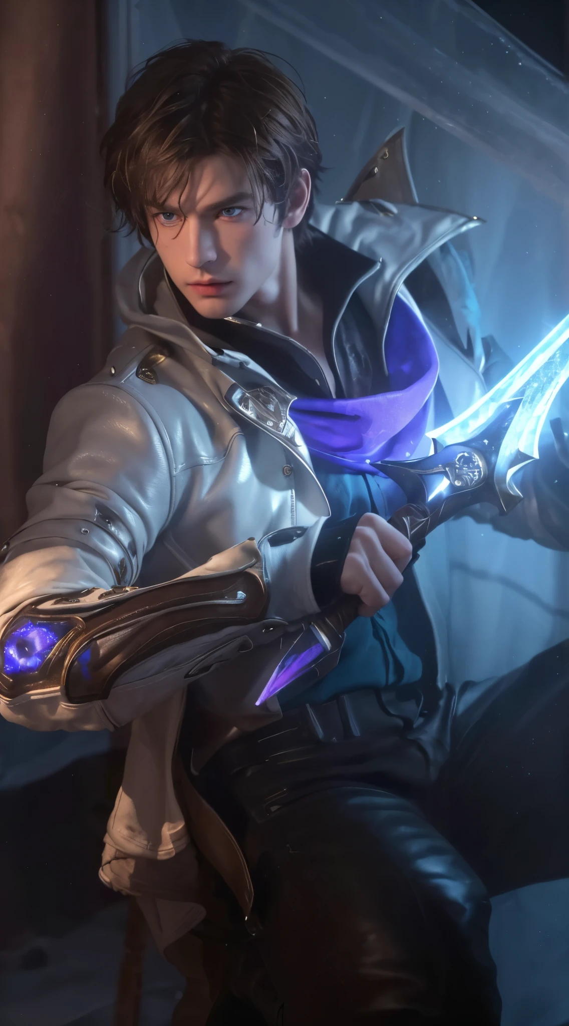 (best quality,4k,8k,highres,masterpiece:1.2), ultra-detailed, realistic:1.37, close up, young boy, holding glow dagger, room, brown hair, white leather jacket, blue eyes, intense gaze, focused expression, dramatic lighting, illuminated room, vivid colors, sharp focus, puprle shawl