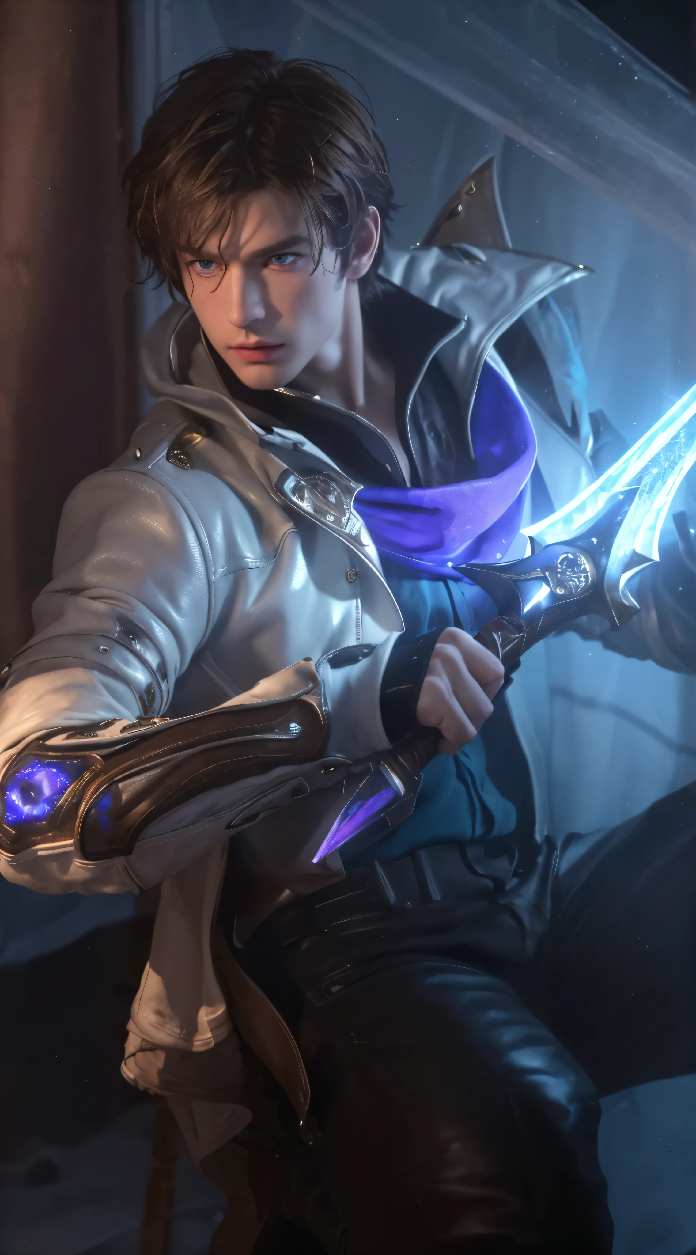 (best quality,4k,8k,highres,masterpiece:1.2), ultra-detailed, realistic:1.37, close up, young boy, holding glow dagger, room, brown hair, white leather jacket, blue eyes, intense gaze, focused expression, dramatic lighting, illuminated room, vivid colors, sharp focus, puprle shawl