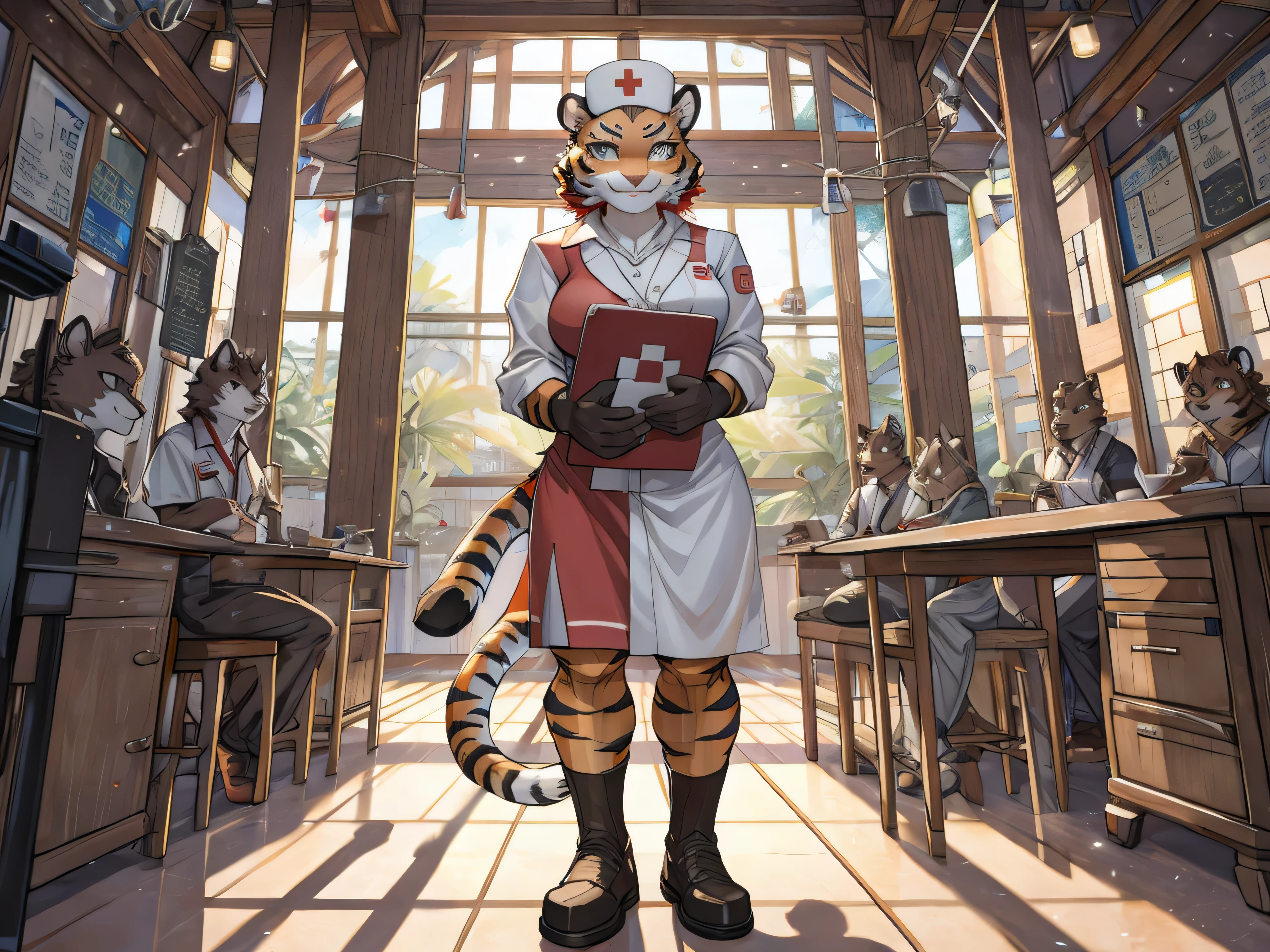 Furry tiger nurse in a high quality fantasy hospital 