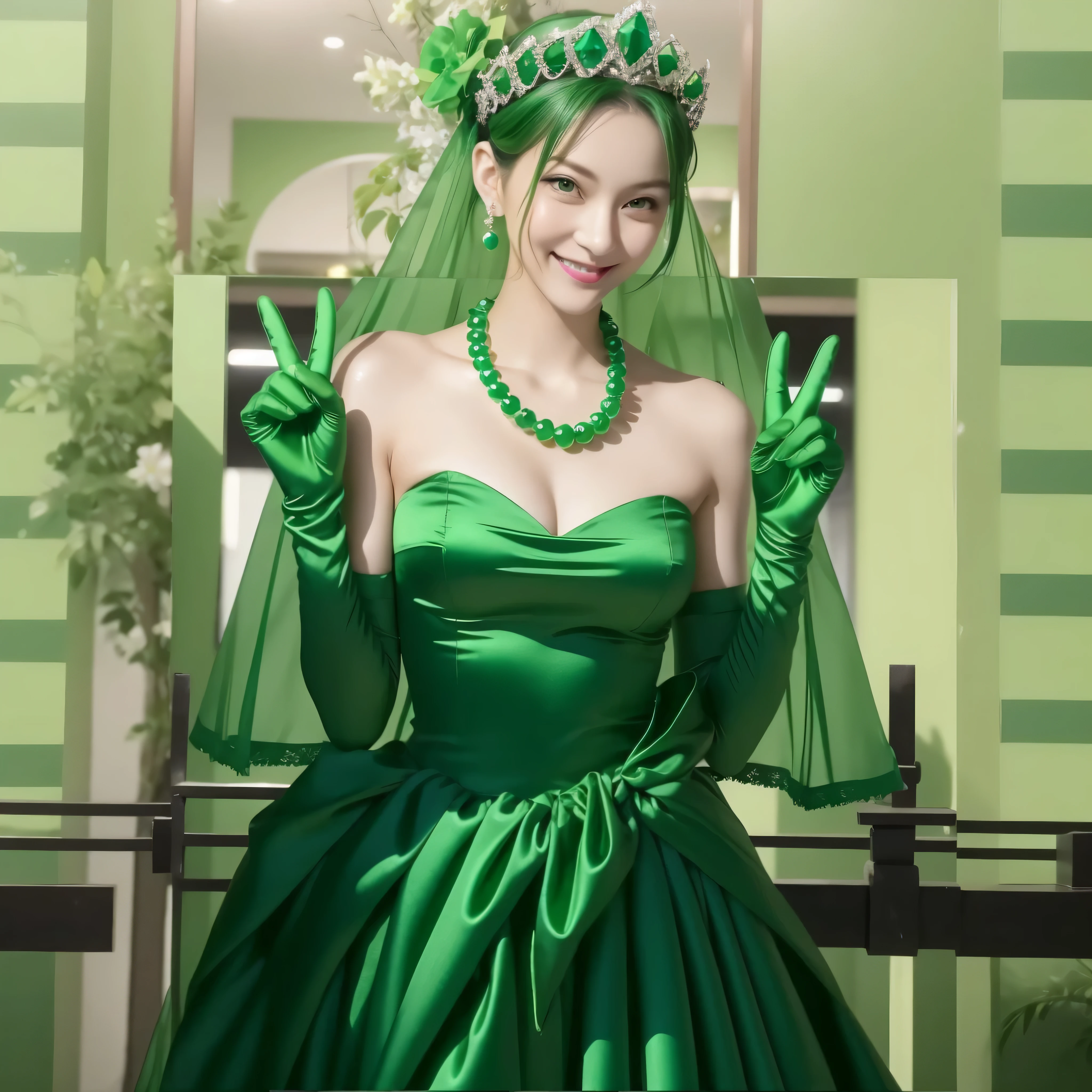 Beautiful Japan woman in her 30s， finger details， beautiful hands，emerald tiara, Green Pearl Necklace, Boyish green berry short hair, lipstick, smiling Japanese woman, very short hair, big breasts beautiful, green eyes, green satin long gloves, green eyes, emerald earrings, Green veil, v sign