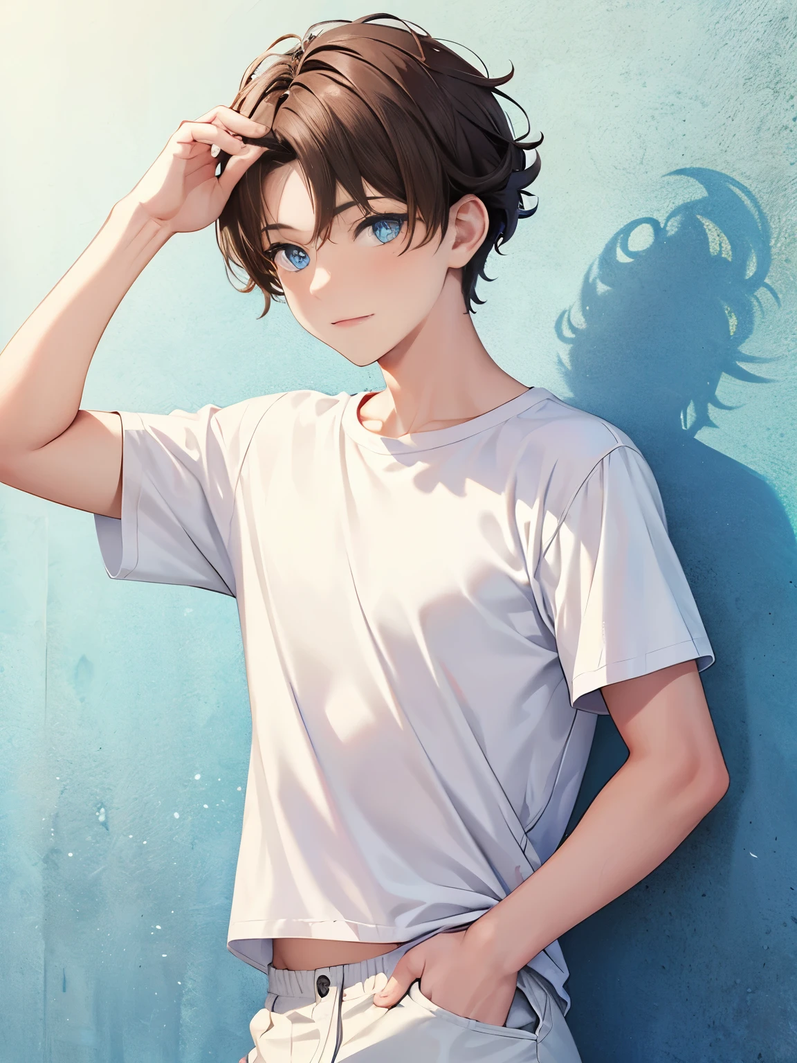 1boy,guy,bend your body, in the north pole,Hands forward,slight smile,blue eyes,half body photo,18 years old,Curly hair,medium hair,undercut hairstyle,light brown hair,Plain t-shirt, white t-shirt,white trousers,morning,ultra detail,masterpiece