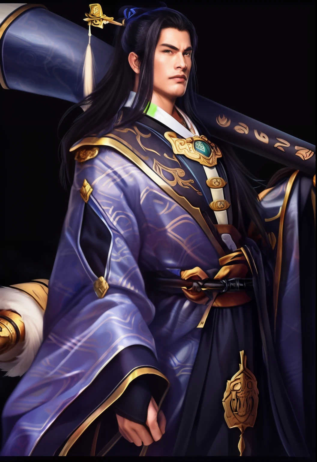 Close up of man holding big sword on black background, heise jinyao, Onmyoji Detailed Art, Onmyoji portrait, 《Genshin》Zhongli in, shirow masamune, 《Genshin》Keqing in, G Liulian art style, Inspired by Emperor Xuande, flowing hair and gown
