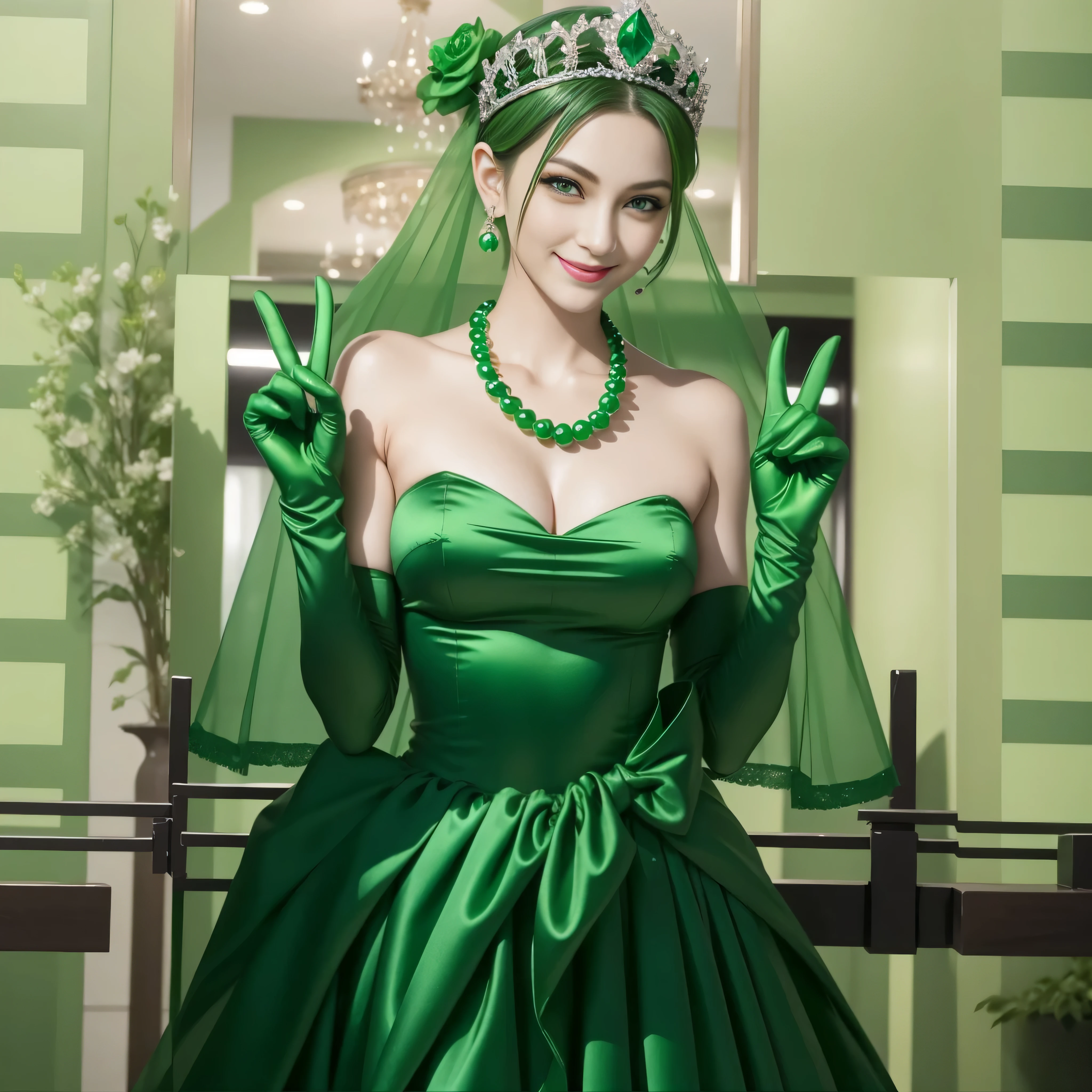 emerald tiara, Green Pearl Necklace, Boyish green berry short hair, lipstick, Smiling Japan woman, very short hair, big breasts beautiful, green eyes, Green long gloves made of satin material, green eyes, v sign, emerald earrings, 30 generation women