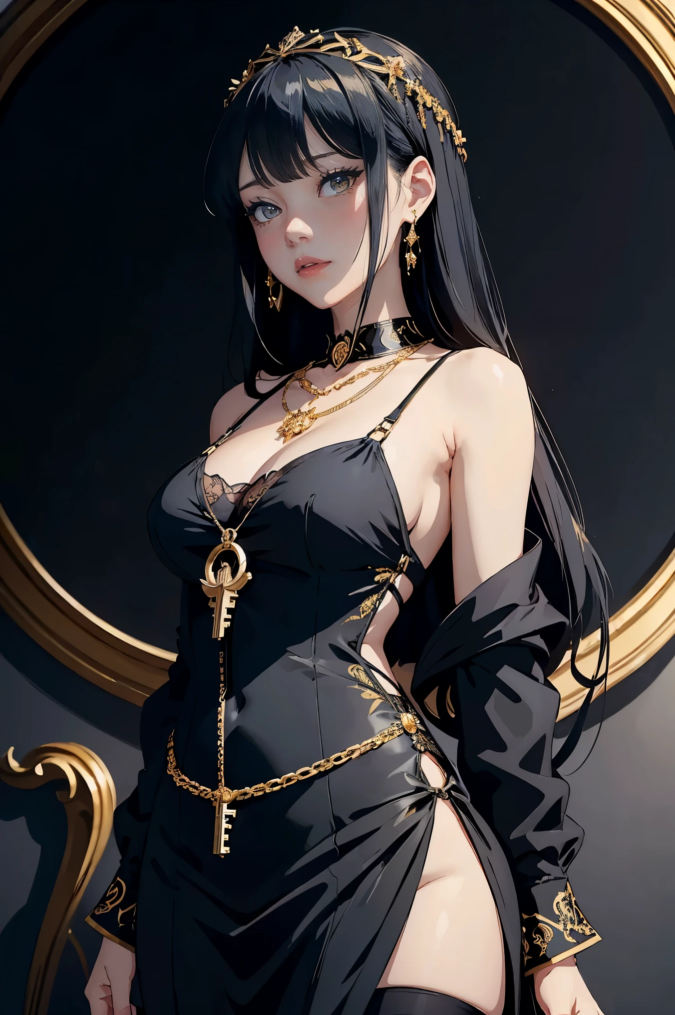a close up of a woman in a black dress with a gold necklace, anime girl wearing a black dress, gold collar, fine details. anime, anya from spy x family, intricate ornate anime cgi style, in the anime film, screenshot from a 2012s anime, wearing gilded ribes, anime key visual of elegant, anime visual of a young woman, stocking suspenders , full body, pretty