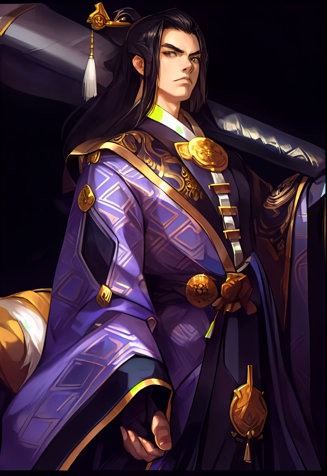 Close up of man holding big sword on black background, heise jinyao, Onmyoji Detailed Art, Onmyoji portrait, 《Genshin》Zhongli in, shirow masamune, 《Genshin》Keqing in, G Liulian art style, Inspired by Emperor Xuande, flowing hair and gown