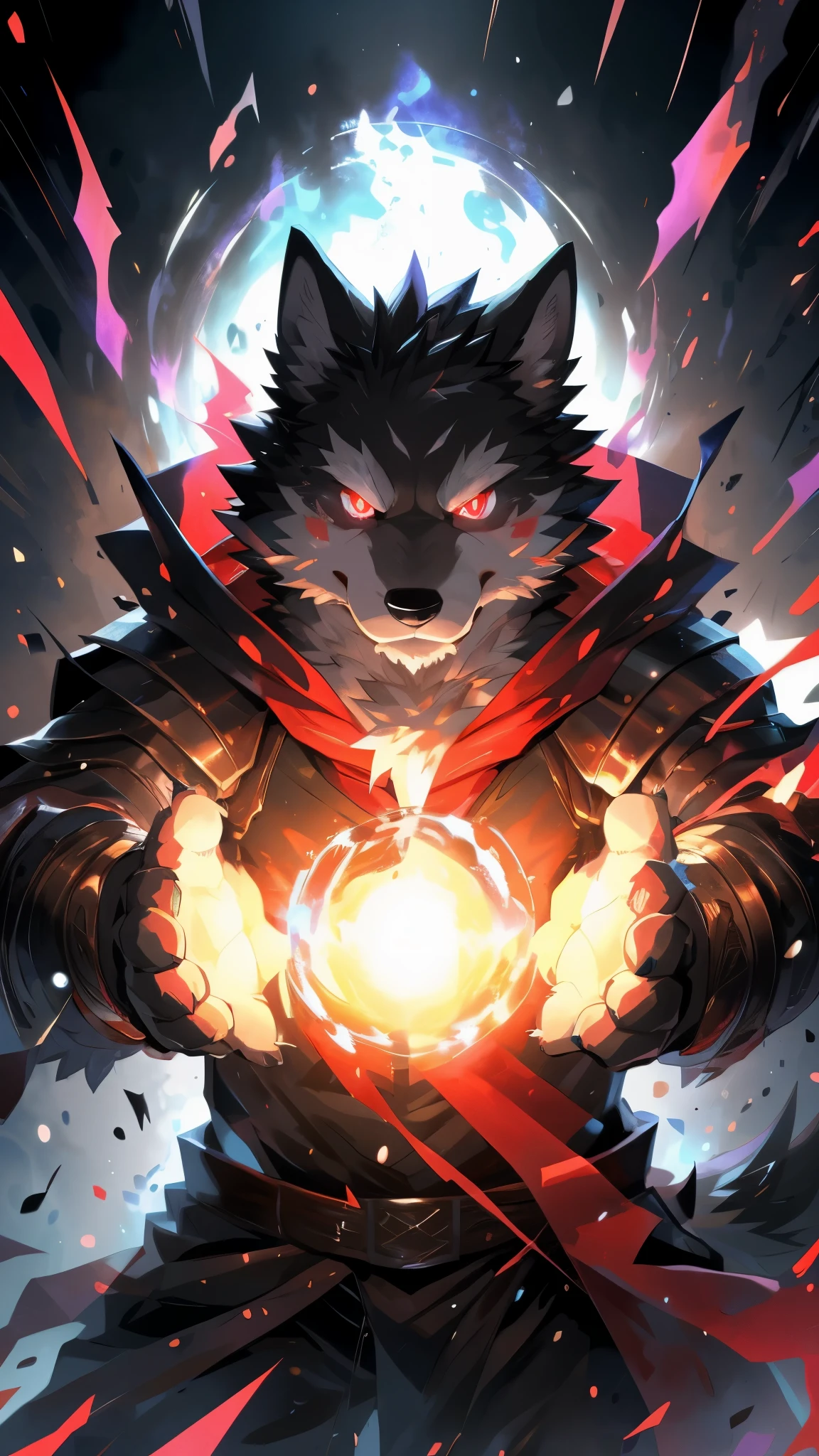 (dynamic pose:1.6), (ultra detailed), sharp focus, niji, eyesgod, (glowing red eyes:1.4), furry, (gray-black fur:1.3), white beard, anthro (wolf), male, middle-aged, white belly, tail, muscular, (knight costume, long red cherry cloak), ultra detailed face, high details, high quality, (best quality,4k,8k,highres,masterpiece:1.2),vivid colors, (close up:1.5), by takemoto arashi, by kamyuel, by milkytiger1145, by 69panda, dark soul boss style, energy cracking around body,(red aura:1.3),bloodstained,dynamic lighting,ominous atmosphere,creepy fog,menacing presence,horror-filled ambiance,dark and tormented souls, (enchanted detail of colors), 8k wallpaper, yang08k, looking at viewer with fierce eyes