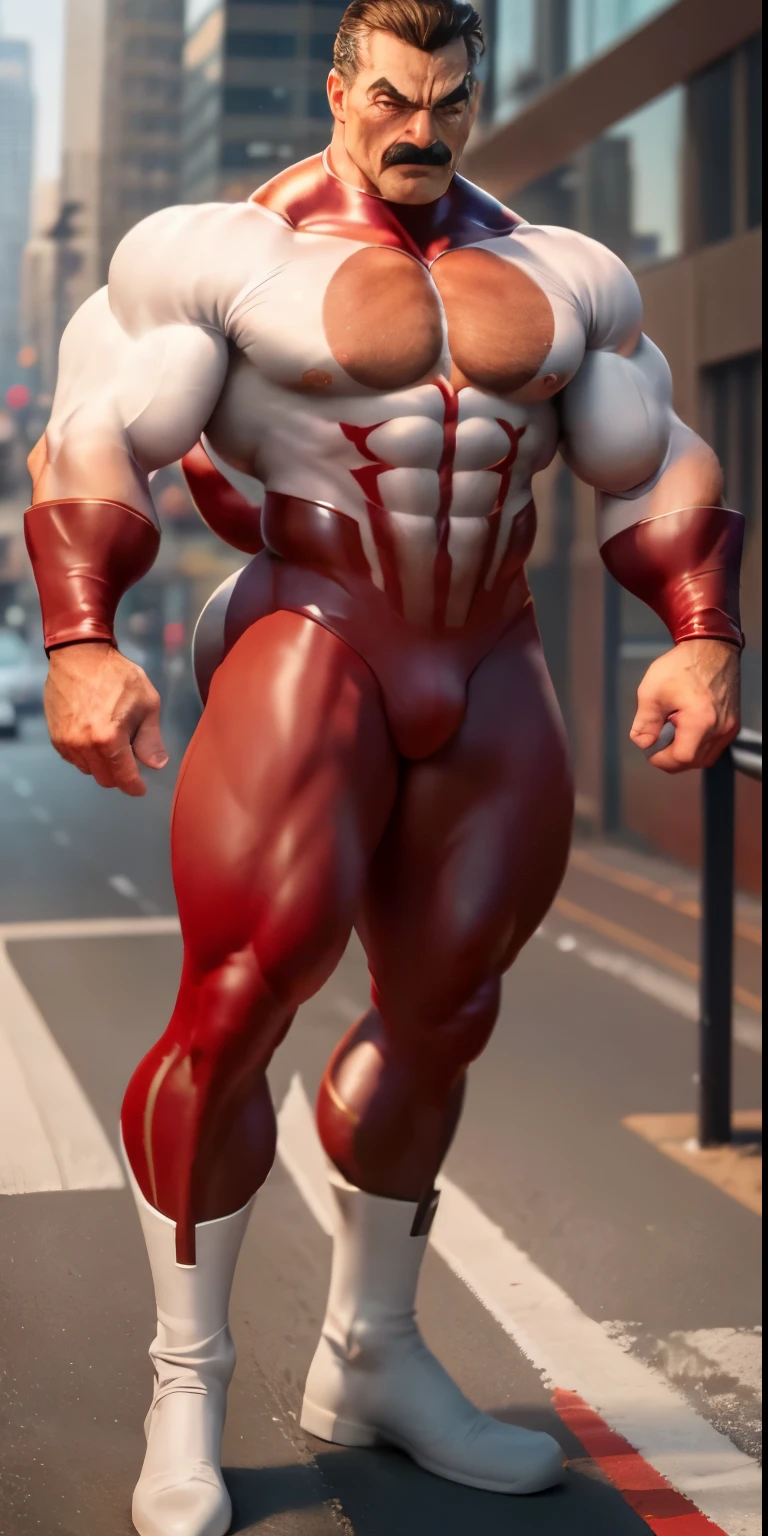 Old muscleman(Tom Selleck) in latex clothes stands in the busy city, tall and burly, muscular male hero, muscular! Wearing a mustache , white spandex high-stretch tights, super buff and cool, high resolution committee, character design police, military boots, charismatic strong male with spandex high-elastic tights, dynamic pose, evil smile