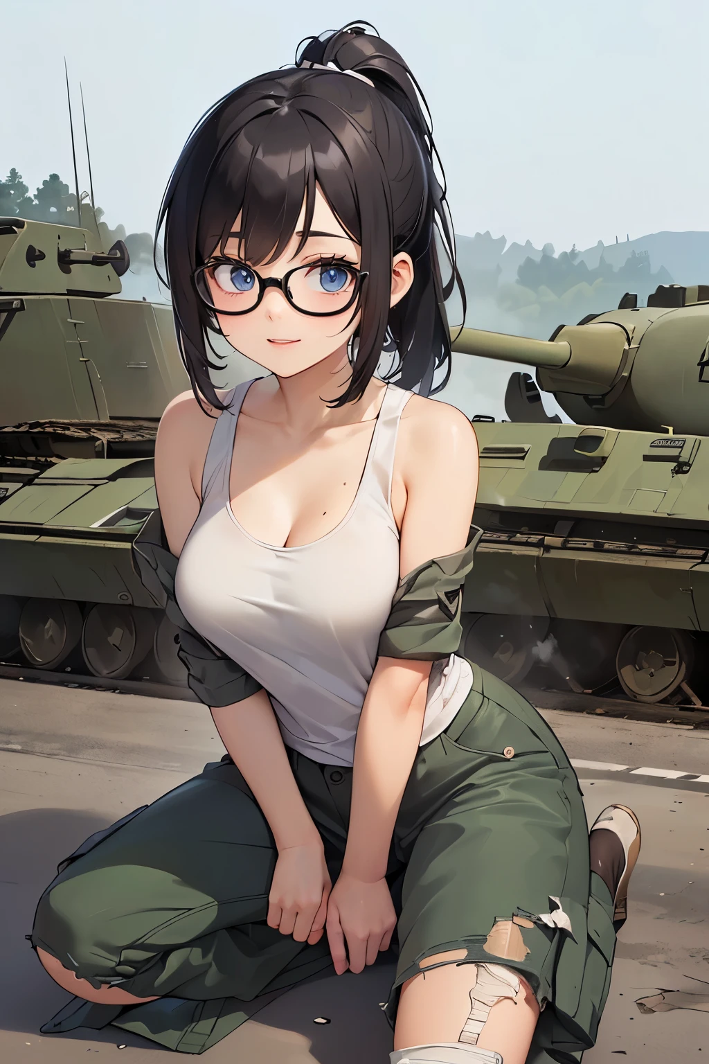 ((wide angle image)), beautiful female veteran, black hair in a ponytail, bangs, wearing large glasses, covering a wound, injured, smiling confidently, (((wearing a white military tank top, layered with a ww2 Oversized military shirt , wearing ww2 military pants Oversized, Off shoulders, Distressed, worn-out))), on the ww2 battlefield