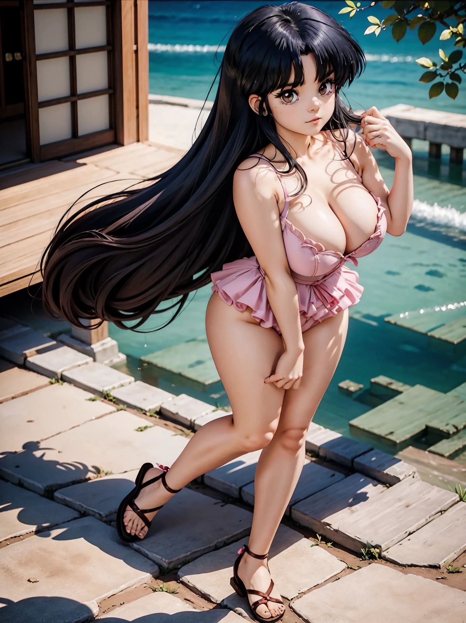 Anime girl with dark bluish hair in CALCINHA PINK and corset, , beautiful body, big breasts, with her hands on her waist, hands in her hair, Sexy girl, bluish hair, side strands of hair with a pink bow, strands of hair with a bow on the side of the face, beautiful lighting, soft shadows, brown eyes, beautiful toned legs, short hair, anime style, hand on the waist, hand in the hair, character Akane Tendo, Author Rumiko Takahashi, Based on a work by Rumiko Takahashi, Anime Ranma 1 / 2, sexy cleavage, robust hips, full body, full body, big bust, young girl with nice and beautiful body, sandals on her feet, girl 16 years youLCINHA PINK E corset, anime girl, anime style, beautiful feet in sandals, outdoors, big breast, beautiful breasts, black hair, sandals on feet, beautiful legs, sexy, beautiful legs, Sandals, big breasts, full body, full body, feet with sandals, big bust, 45º viewing angle