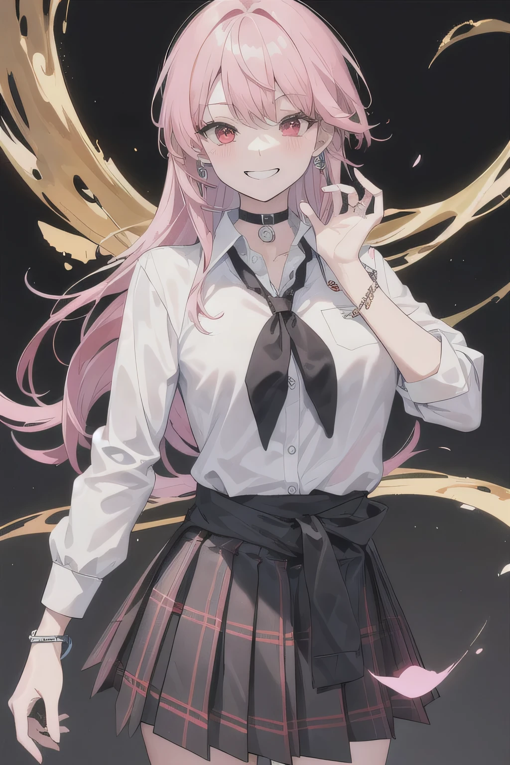 masterpiece, highest quality, whole body, 1 girl, bangs, black choker, black tie, pink hair, blue skirt, blush, bracelet, chest, choker, clothes around it waist, clavicle, collared shirt, cowboy shot, dress shirt, ear earrings, eyebrows visible through hair, gradient hair, grin and laugh, Improve, jewelry, Kogal, long hair, looking at the viewer, loose tie, tie, earrings, plaid, plaid skirt, pleated skirt, red eyes, ring, school uniform, shirt, skirt, smile, alone, white shirt, lively, clothing, take a pose, front, colorful, dynamic, background, element, With confidence, performance, holding, statement, accessories, majestic, coiled, around it, touch, scene, article, cover, bold, to attract attention, title, stylish, font, catchy, heading, bigger, impressive, modern, tendency, concentrate, fashion,