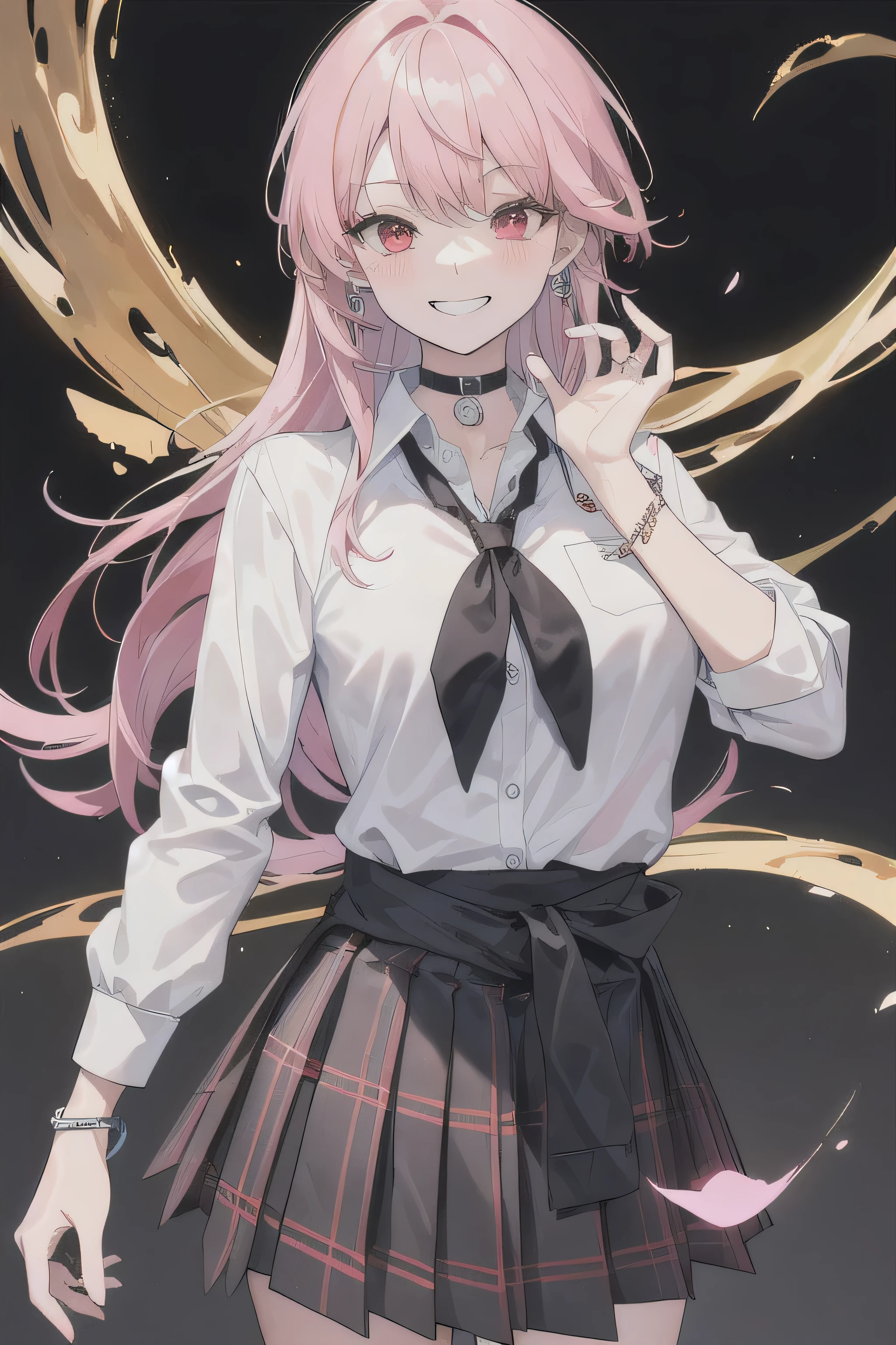 masterpiece, highest quality, whole body, 1 girl, bangs, black choker, black tie, pink hair, blue skirt, blush, bracelet, chest, choker, clothes around it waist, clavicle, collared shirt, cowboy shot, dress shirt, ear earrings, eyebrows visible through hair, gradient hair, grin and laugh, Improve, jewelry, Kogal, long hair, looking at the viewer, loose tie, tie, earrings, plaid, plaid skirt, pleated skirt, red eyes, ring, school uniform, shirt, skirt, smile, alone, white shirt, lively, clothing, take a pose, front, colorful, dynamic, background, element, With confidence, performance, holding, statement, accessories, majestic, coiled, around it, touch, scene, article, cover, bold, to attract attention, title, stylish, font, catchy, heading, bigger, impressive, modern, tendency, concentrated, fashion,