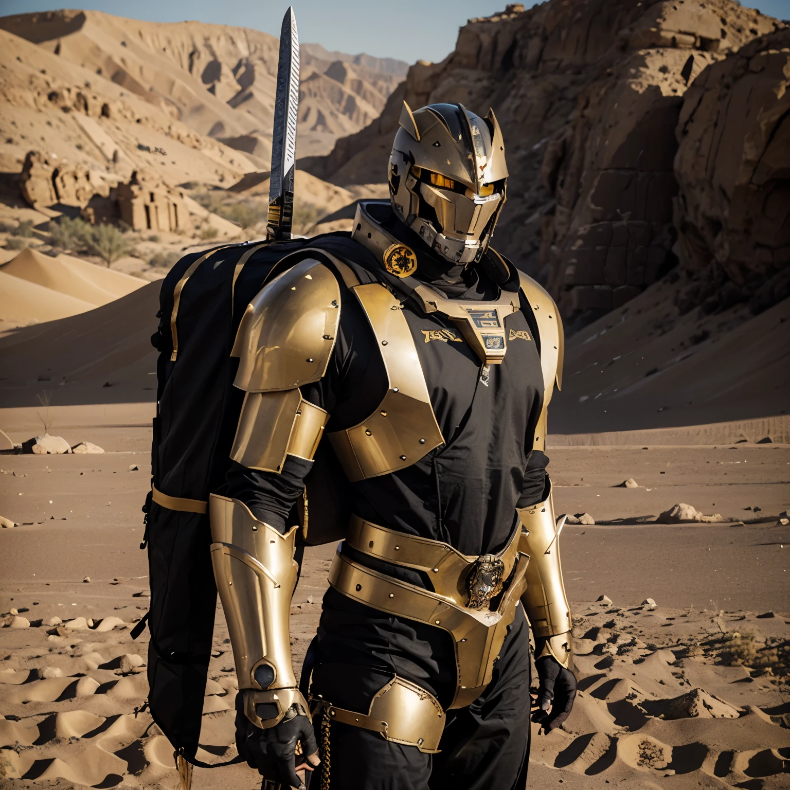 The Big mecha with black and gold coloured, Sword.Laucher,backpack,in the desert.