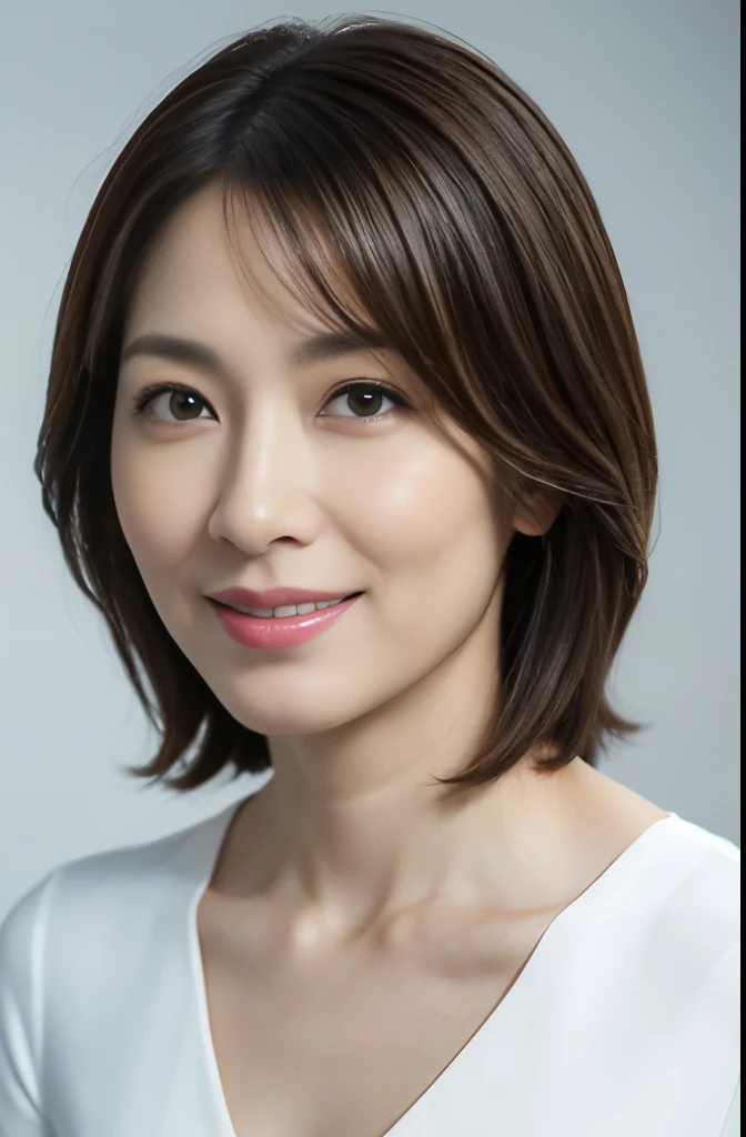 1 female, 44 years old, beautiful face, thin skeletal surface, delicate features, highly detailed face, delicate Japanese makeup, Messy layered bangs, smile, Please look into the camera, fair and smooth skin, optimal skin type, clavicle, ((slim fit suits for women)), (V-neck white shirt), (deep v neck), tight chest, surreal pictures, Physically based rendering, professional lighting