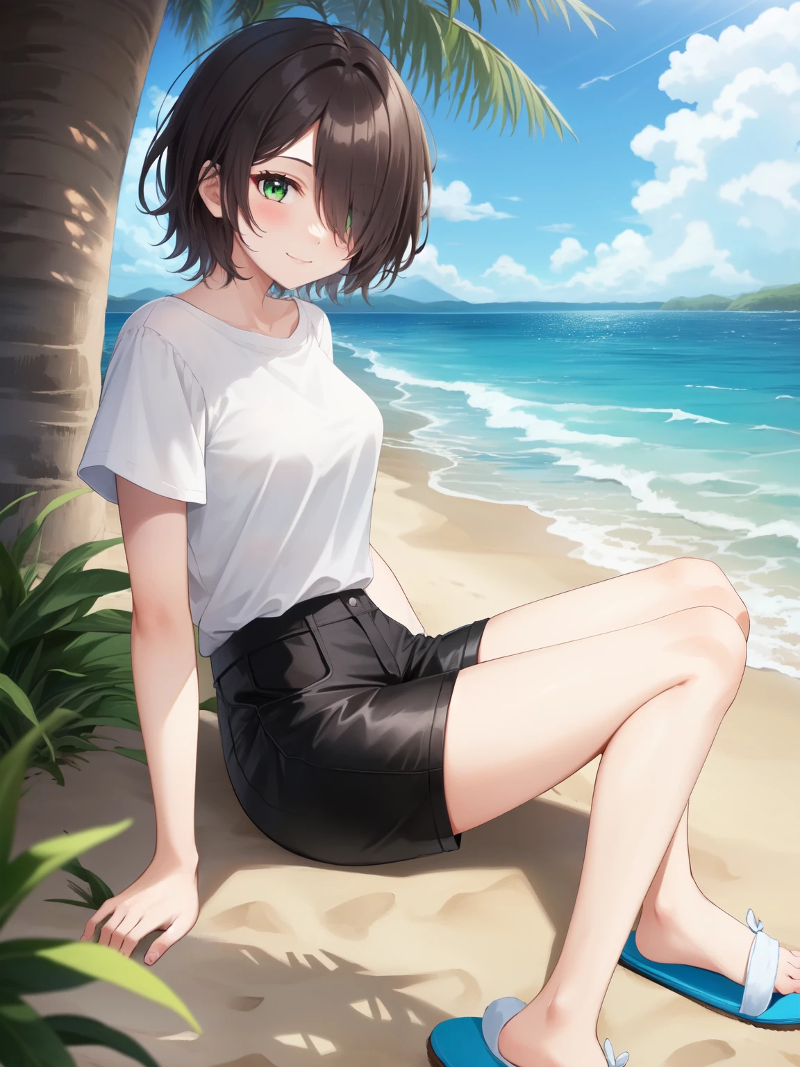 1girl, solo, brown hair, (hair over one eye:1.2), short hair, messy hair, pixie cut, asymmetrical bangs, hair between eyes, green eyes, white shirt, black shorts, beach, shoreline, town, sea, ocean, slippers, light smile