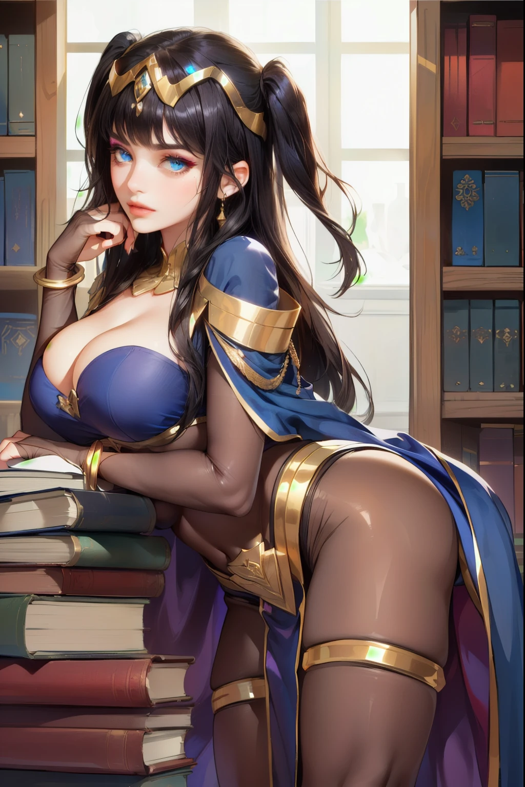 perfect eyes:1.2, detailed eyes:1.4, TharjaV4, (makeup, mascara:1.1), lips,(thick\lips\), (shiny glossy translucent clothing:1.1), cleavage, jewelry, black hair, blue eyes, bracelet, covered navel, tiara, bridal gauntlets, skin tight, bodystocking, two side up, cape, pelvic curtain, bending over, arched back, from side, large breasts, stack of books, looking at viewer, bookshelves, 1girl, solo, (masterpiece:1.6, best quality),