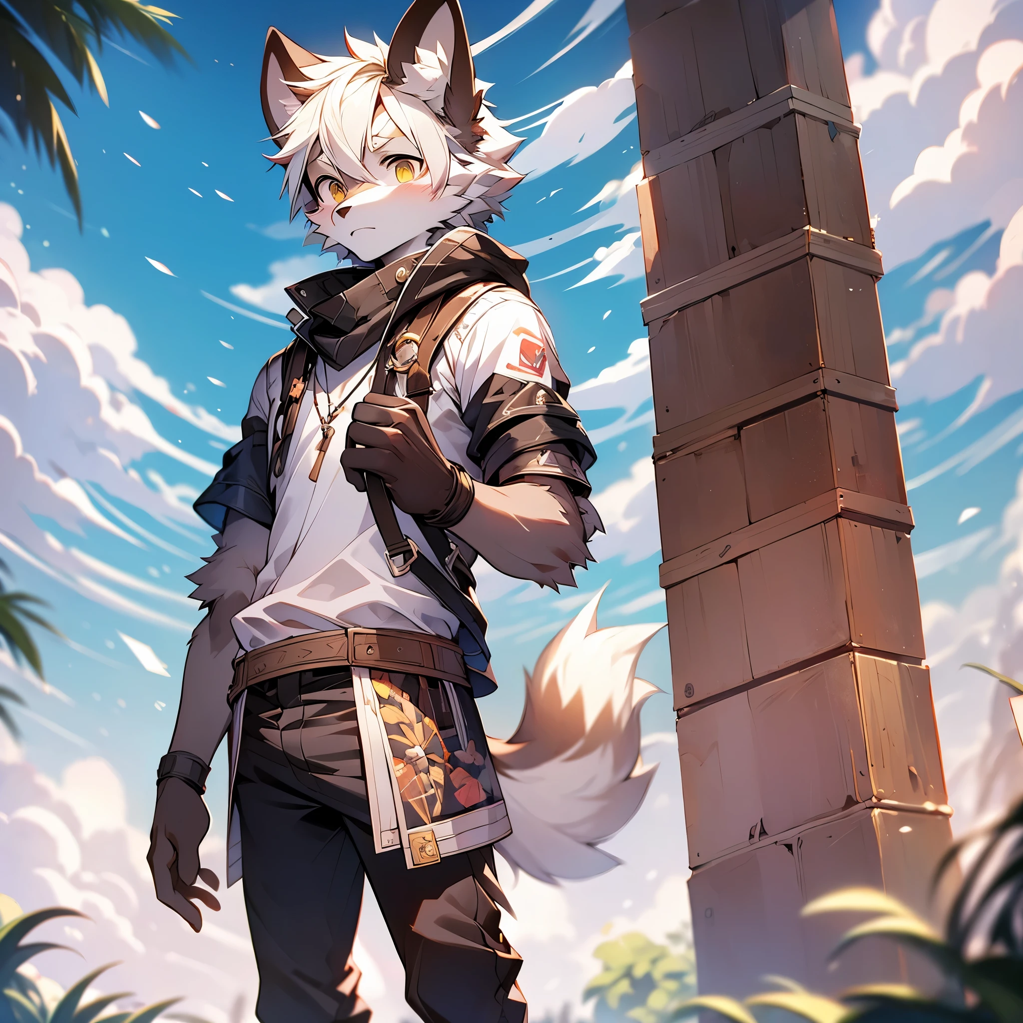 furry,furry wolf,white hair,male,young,little cute,by milkytiger1145,,golden eyes,wolf tail,gran detalle,gray fur,standing,solo sunshine,sky,beautiful scene ,summer,peaceful,shorter pants,(Dark environment 0.8),(Wide angle lens 1.5),masterpiece,high quality