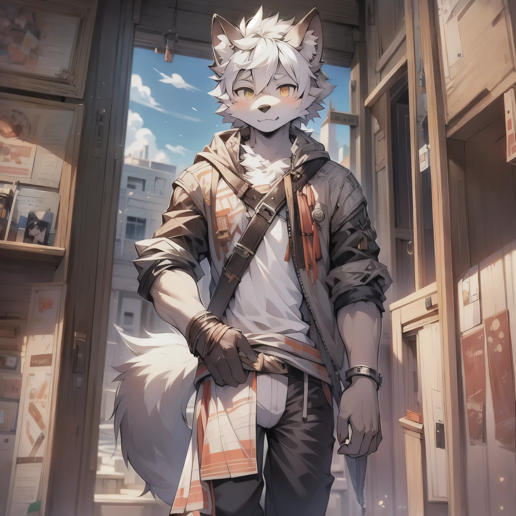 furry,furry wolf,white hair,male,young,little cute,by milkytiger1145,,golden eyes,wolf tail,gran detalle,gray fur,standing,solo sunshine,sky,beautiful scene ,summer,peaceful,shorter pants,(Dark environment 0.8),(Wide angle lens 1.5),masterpiece,high quality