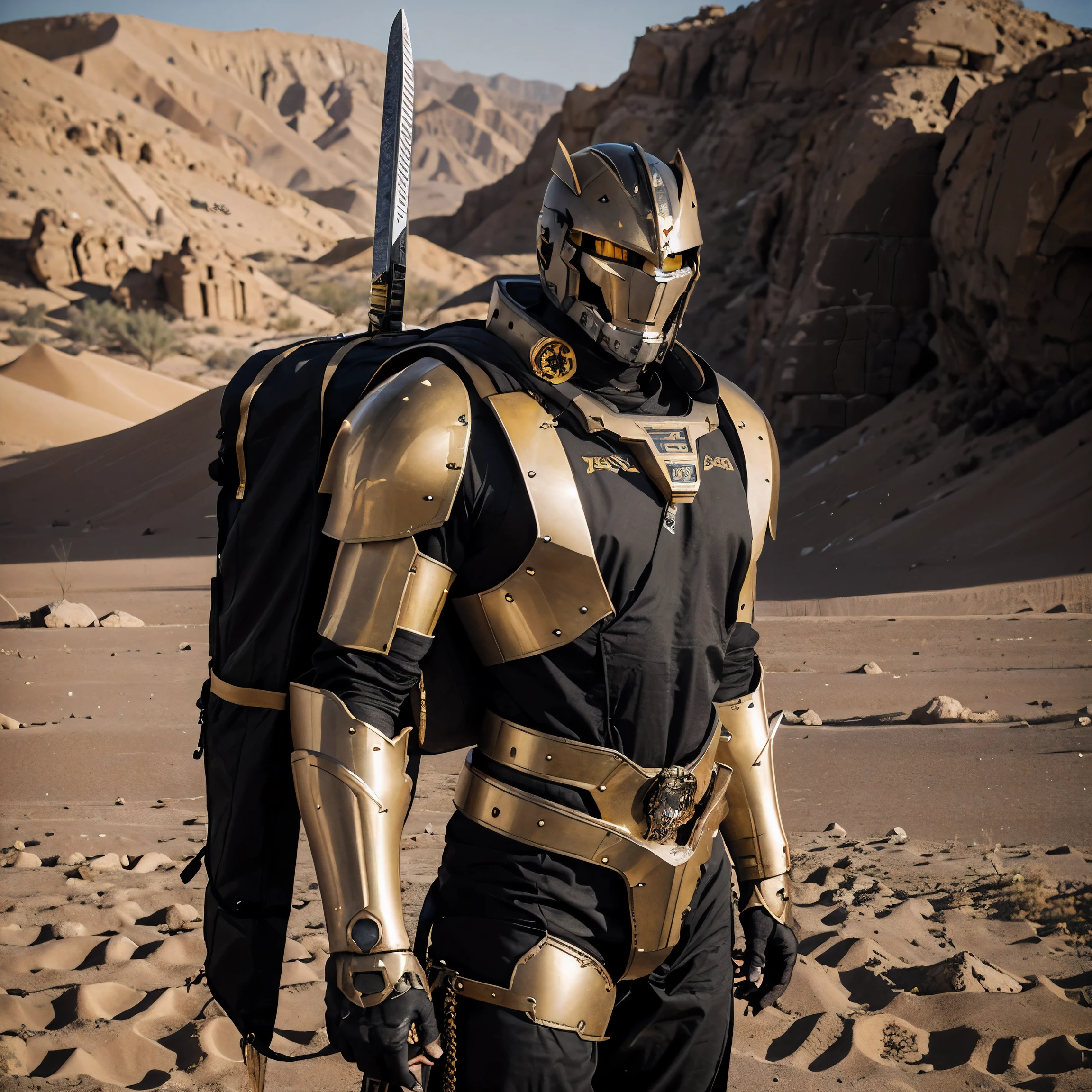 The Big mecha with black and gold coloured, Sword.Laucher,backpack,in the desert.