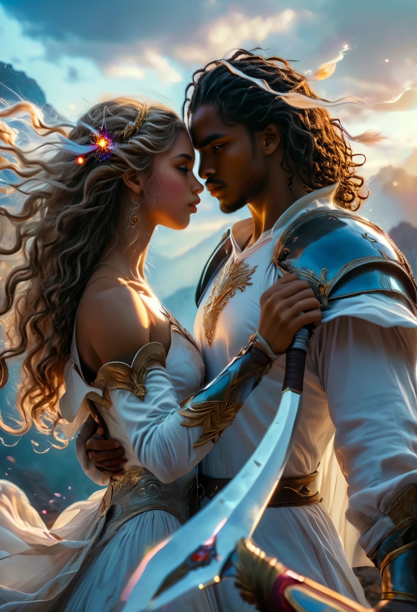 Passionate couple in a celestial landscape, young dark-skinned couple in their 20s, on a battlefield, they fight together, a man and a woman, he is a warrior prince with long curly brown hair, he has two swords, she is a mixed-race blonde warrior princess with grey eyes, she has a spear, Full body, 8K, extremely detailed, high quality, (photorealistic:1.37), Full body, ideal proportions and defined complexion, meticulously crafted features, unreachable beauty, perfection, breathtaking elegance, g curves, goddess-like figures, divine symmetry, artistic masterpieces, vivid realism, hyper-detailed sculptures, life-like forms, truly awe-inspiring, impeccable craftsmanship, pure radiance, ethereal beauty, delicate contours, striking poses, sublime beauty, subtle nuances, dynamic compositions, vibrant colors, perfect lighting, soulful expressions, celestial aura, majestic presence, dreamlike atmosphere, unmatched gdetailed octane render trending on artstation, 8 k artistic photography, photorealistic concept art, soft natural volumetric cinematic perfect light, chiaroscuro, award - winning photograph, masterpiece, perfect composition, beautiful detailed intricate insanely
