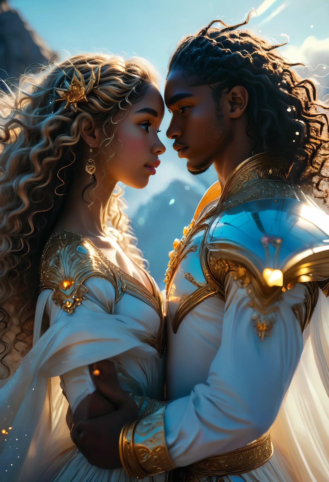 Duo in a celestial landscape, young dark-skinned duo in their 20s, they are fighting each other, they stand face to face, he is a divine prince with long curly caramel hair, she is a mixed-race princess, she has freckles, she is blonde with grey eyes, Full body, 8K, extremely detailed, high quality, (photorealistic:1.37), Full body, ideal proportions and defined complexion, meticulously crafted features, unreachable beauty, perfection, breathtaking elegance, g curves, goddess-like figures, divine symmetry, artistic masterpieces, vivid realism, hyper-detailed sculptures, life-like forms, truly awe-inspiring, impeccable craftsmanship, pure radiance, ethereal beauty, delicate contours, striking poses, sublime beauty, subtle nuances, dynamic compositions, vibrant colors, perfect lighting, soulful expressions, celestial aura, majestic presence, dreamlike atmosphere, unmatched gdetailed octane render trending on artstation, 8 k artistic photography, photorealistic concept art, soft natural volumetric cinematic perfect light, chiaroscuro, award - winning photograph, masterpiece, perfect composition, beautiful detailed intricate insanely
