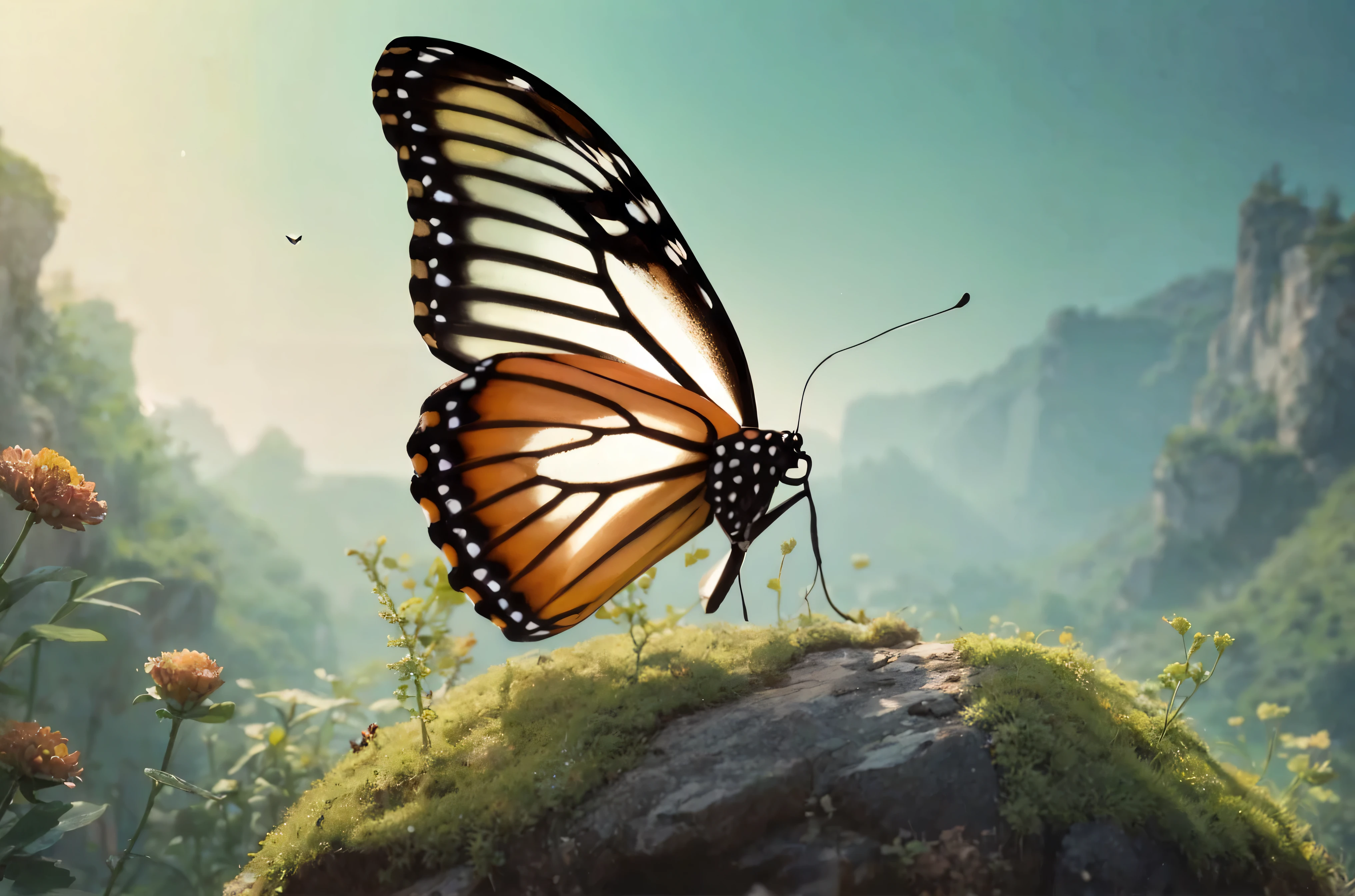 there is a butterfly that is sitting on a rock, butterfly, harmony of butterfly, beautiful iphone wallpaper, natural realistic render, highly realistic photo, depicted as a 3 d render, butterflies and sunrays, very realistic 3 d render, amazing wallpaper, photo of a mechanical butterfly, butterfly lighting, photoreal render, beautiful opened wings, wallpaper mobile, butterfly wings