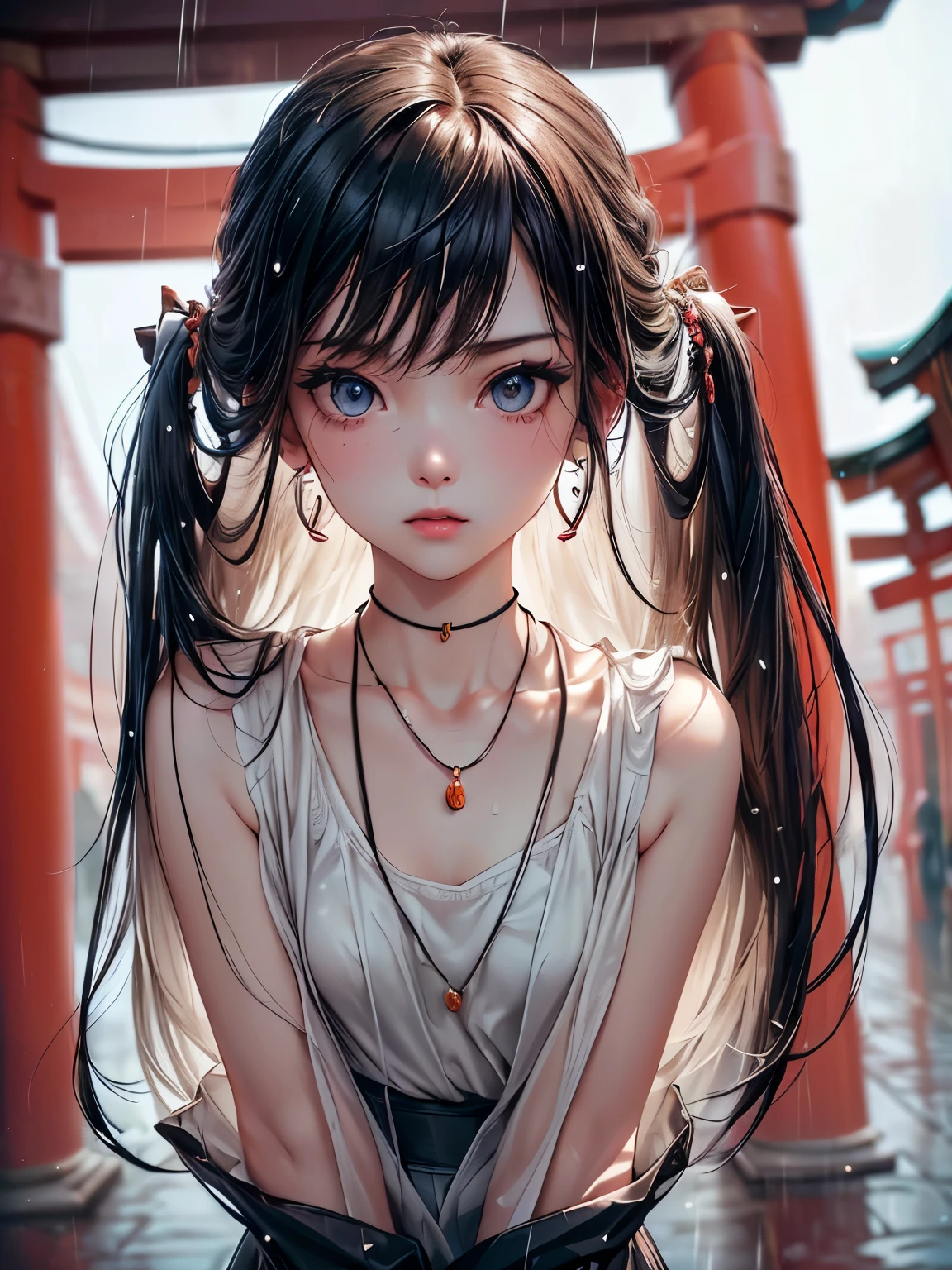 ((Biologically correct number of limbs))、(( Photo including face))、4K、masterpiece、((focus on the face))、((Symmetrical facial features))、Eyes of minute description、Beautiful woman、outstanding style、beautiful clavicle、beautiful legs、slender body、(small ass、thin thighs)、(stockings、high heels)、Detailed depiction of faces、small earrings、necklace、Low - Angle、(Upper body shirt、Lower body pattern skirt)、The background is walking through the Senbon Torii gates in the rain.、close up of face、realistic pictures、