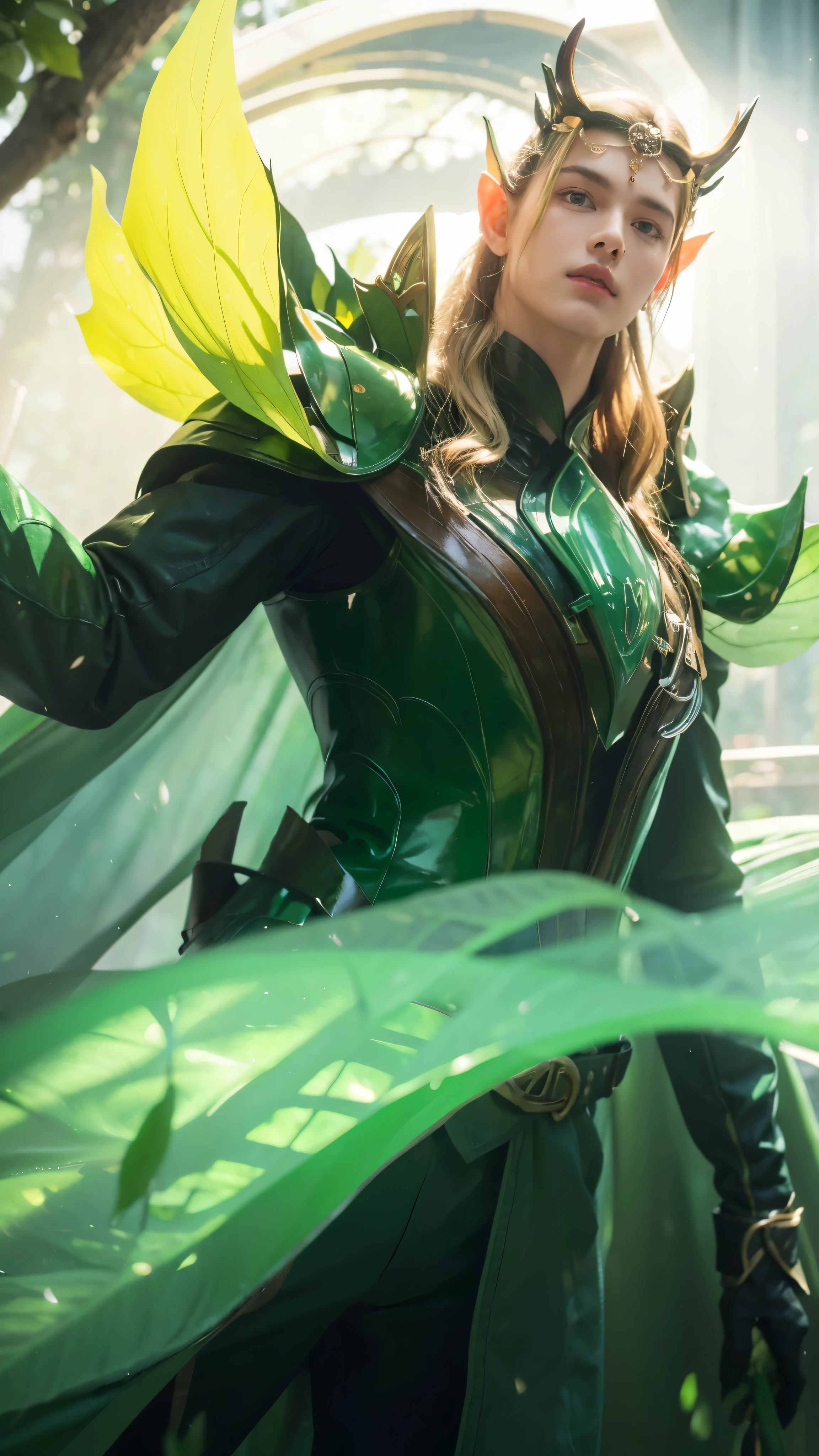 (best quality,highres),(realistic),1boy in a green outfit,wearing green costume,green eyes,white long hair,elf ears,handsome,confident posture,standing in a lush green forest,sunlight filtering through the leaves,atmospheric lighting,sculptural details,serene expression,vivid and vibrant colors,medium:oil painting
